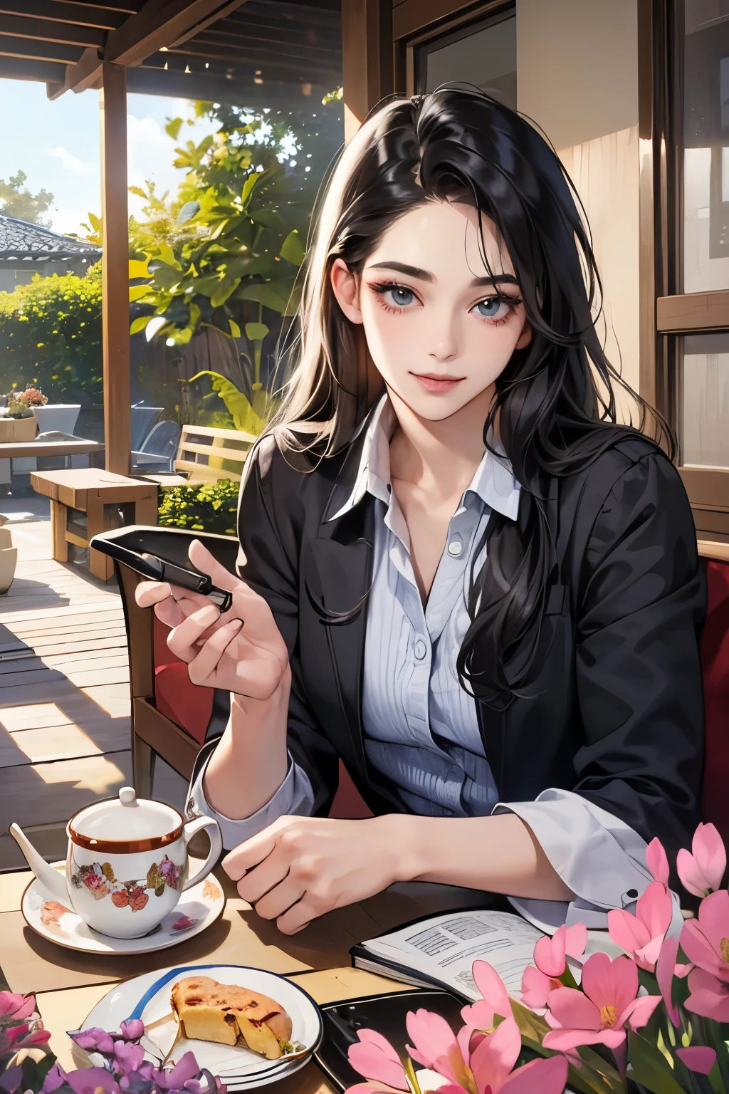 Anime girl sitting at a table with a cup of coffee and a cell phone ...