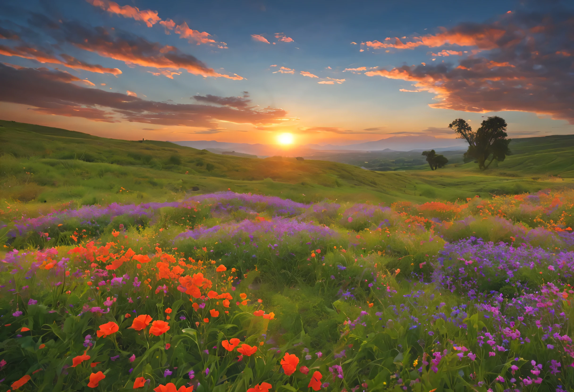 (best quality,4k,highres,ultra-detailed), [scenic landscape], colorful wild flowers offering a vibrant palette, [clear blue sky], [sunlit meadow], [lush green grass], [carefully cultivated garden], [gentle breeze], [blooming paradise], [harmony of nature], [tranquil atmosphere], [serene ambiance], [idyllic scenery], [endless horizon], [peaceful retreat], [picturesque surroundings], [breathtaking vista], [perfectly manicured], [captivating beauty], [expansive panorama], [refreshing sight], [nature's masterpiece]