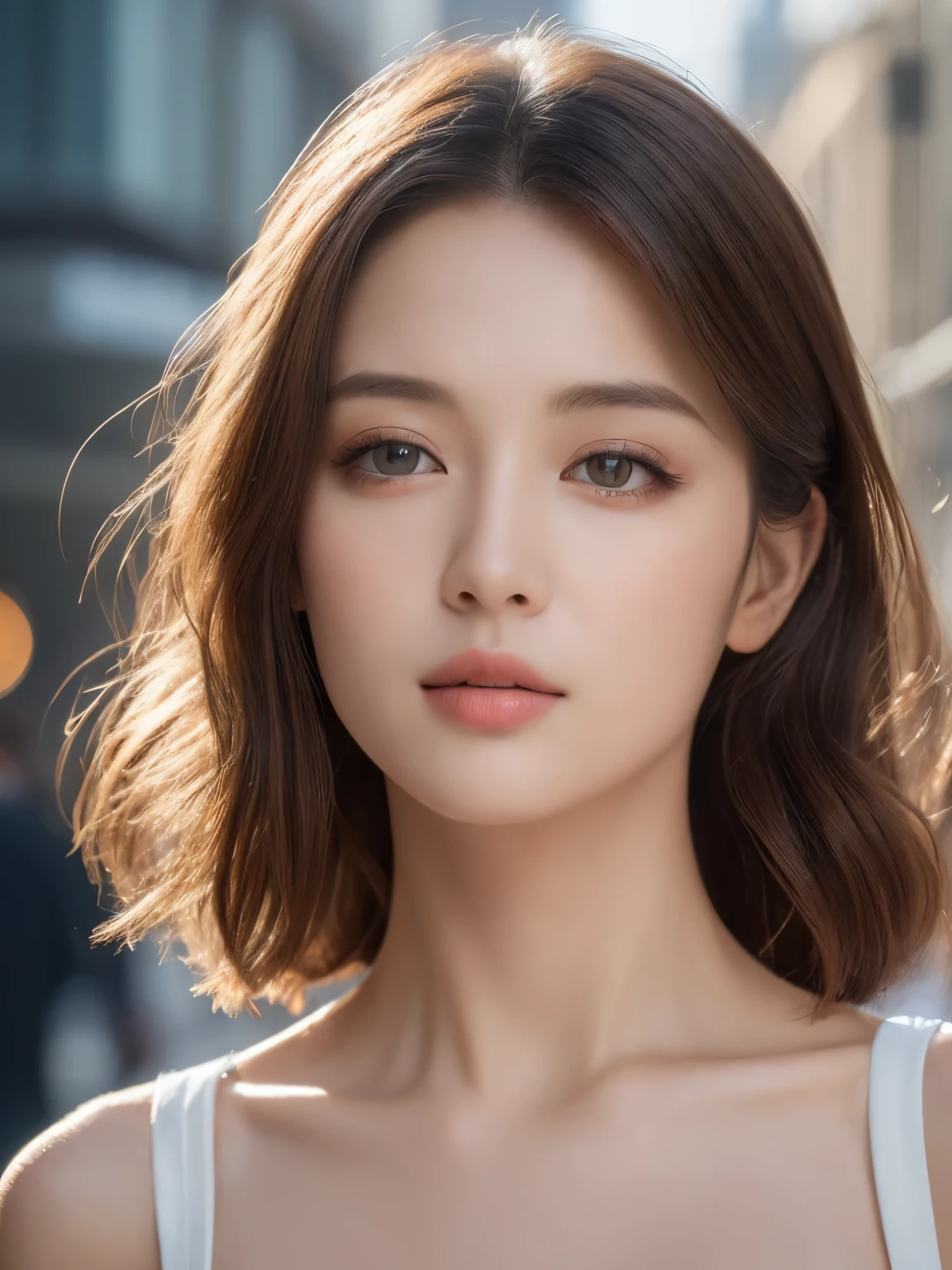 ((highest quality, 8k, masterpiece :1.3)), sharp focus :1.2, perfect body beauty: 1.4, slim abs: 1.2, dark brown hair, (Natural light, city street: 1.1 ), Highly detailed face and skin texture, fine eyes, double eyelid, (((dynamic angle)))