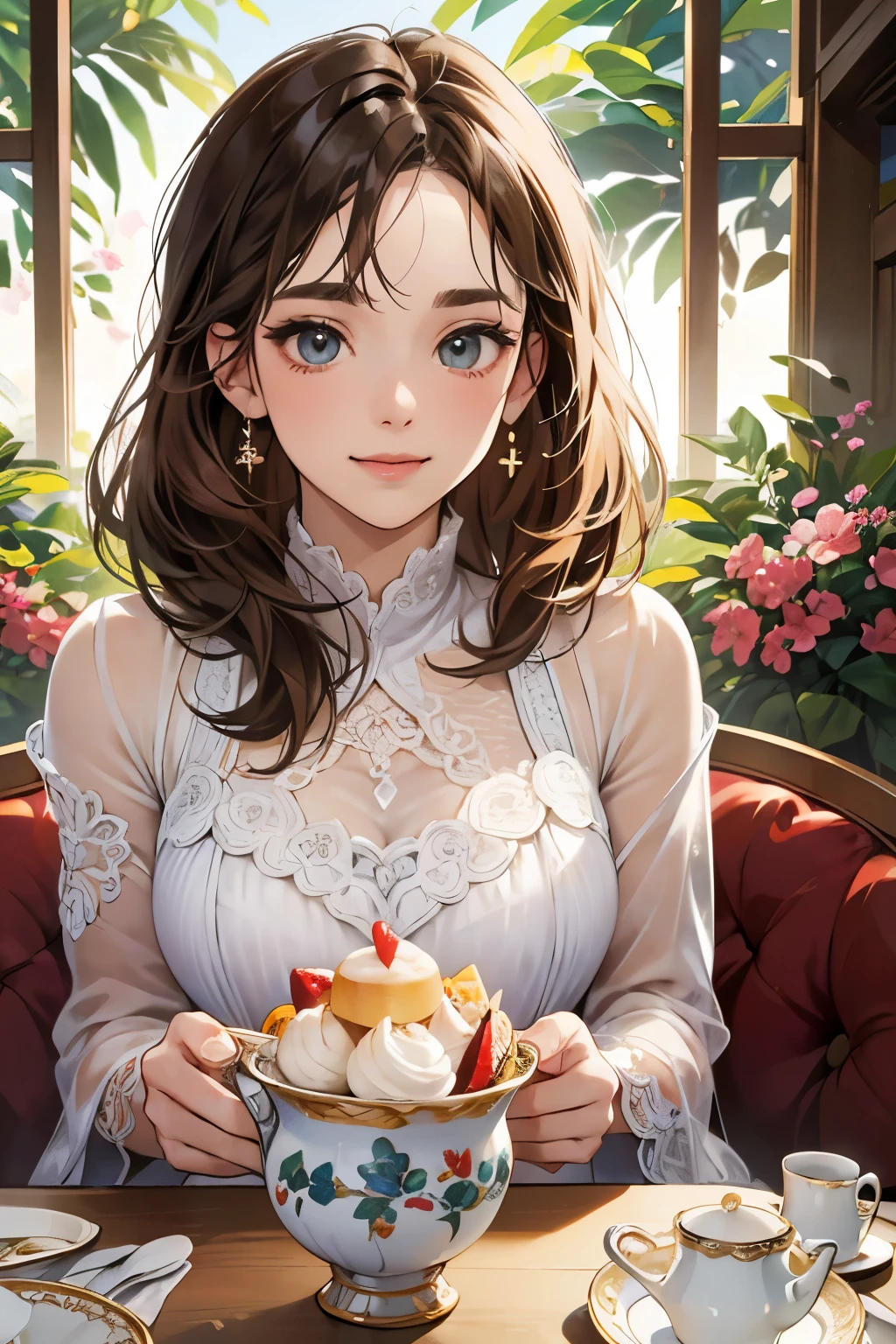 (table top, digital illustration, 4k, 8k, super detailed, beautiful images, clear image,  perfect face, perfect lines, perfect eyes, soft lighting) 1 female, (light brown hair,chignon hair,innocent look,droopy eyebrows,droopy eyes、With a round face,round chin、innocence,cute,Big eyes,natural makeup,smile gently,E cup,23 years old:1.3),Two handsome men in suits, (human,man wearing a suit,muscular,solid shoulder width,  boyish hairstyle,A man in his 30s with a cool expression,28 year old man with a bright smile:1.2),garden full of light、lots of flowers、squirt、colorful flower light,(embarrassing,shy smile:1.2),resort sofa,kiss、カップルkiss、romance porn、male and female couple looking at each other、In a fight、Afternoon tea、lunch