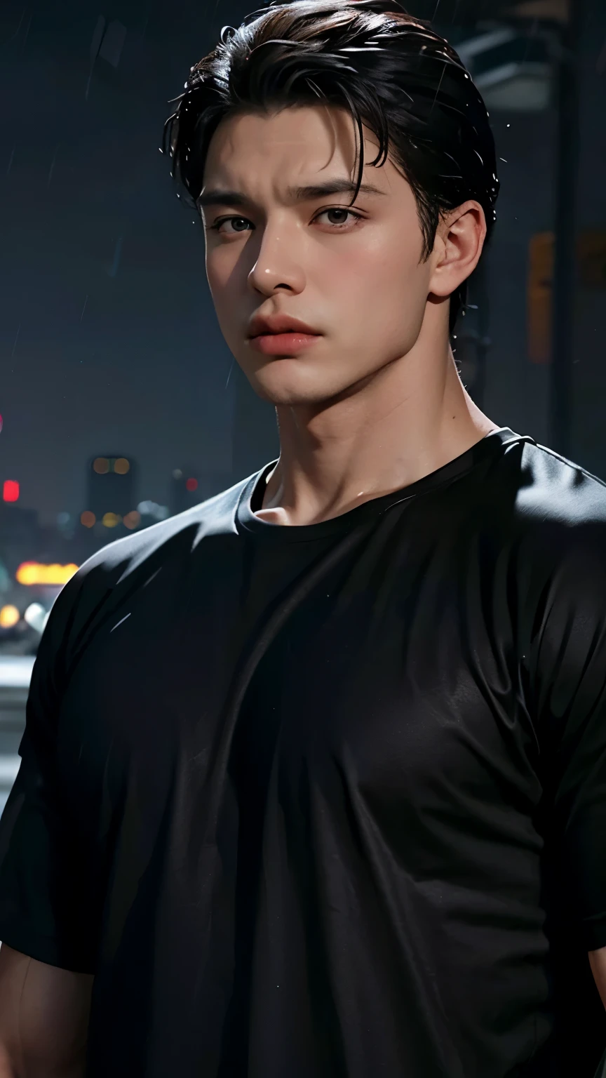 Young Bruce Wayne man black hair, big muscular body, in black t-shirt, in night rain. Side face