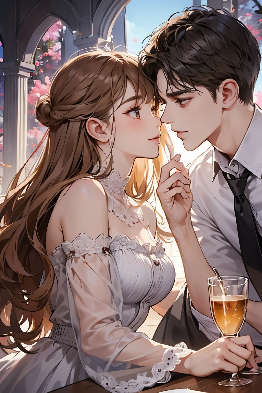 (table top, digital illustration, 4k, 8k, super detailed, beautiful images, clear image, perfect face, perfect lines, perfect eyes, soft lighting) 1 female, (light brown hair,chignon hair,innocent look,droopy eyebrows,droopy eyes、With a round face,round chin、innocence,cute,Big eyes,natural makeup,smile gently,E cup,23 years old:1.3),Two handsome men in suits, (human,man wearing a suit,muscular,solid shoulder width, boyish hairstyle,A man in his 30s with a cool expression,28 year old man with a bright smile:1.2),garden full of light、lots of flowers、squirt、colorful flower light,(embarrassing,shy smile:1.2),resort sofa,kiss、カップルkiss、romance porn、male and female couple looking at each other、In a fight、Afternoon tea、lunch