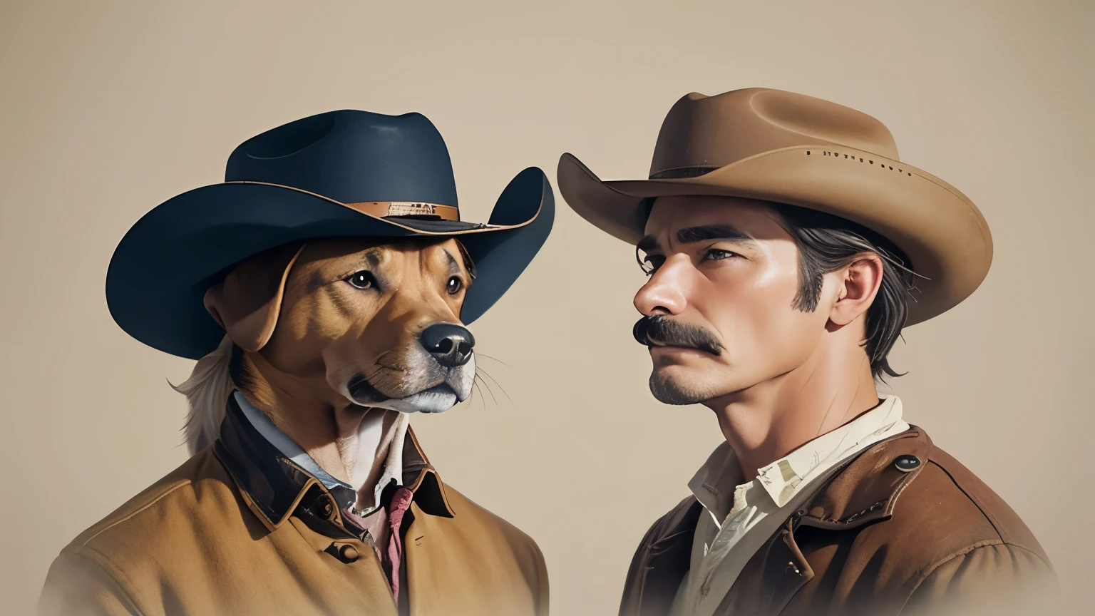 Two Dogs that are dressed as cowboys, vintage art about dogs, portrait of dogs wearing cowboy costumes, minimalism, flat illustration, vintage art, hand drawn with pencil, photoshopped, fake, pastel colours 