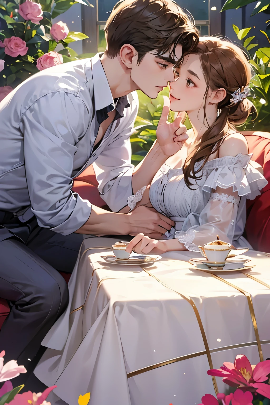 (table top, digital illustration, 4k, 8k, Super detailed, beautiful images, clear image, perfect face, perfect lines, perfect eyes, soft lighting) 1 female, (light brown hair,bun hair,innocent look,droopy eyebrows,droopy eyes、With a round face,round chin、innocence,cute,Big eyes,natural makeup,smile gently,E cup,23 years old:1.3),Two handsome men in suits, (human,man in suit,muscular,solid shoulder width, boyish hairstyle,A man in his 30s with a cool expression,28 year old man with a bright smile:1.2),garden full of light、lots of flowers、Squirting、colorful flower light,(embarrassing,shy smile:1.2),resort sofa,kiss、カップルkiss、romance porn、couple of man and woman looking at each other、In battle、Afternoon tea、lunch