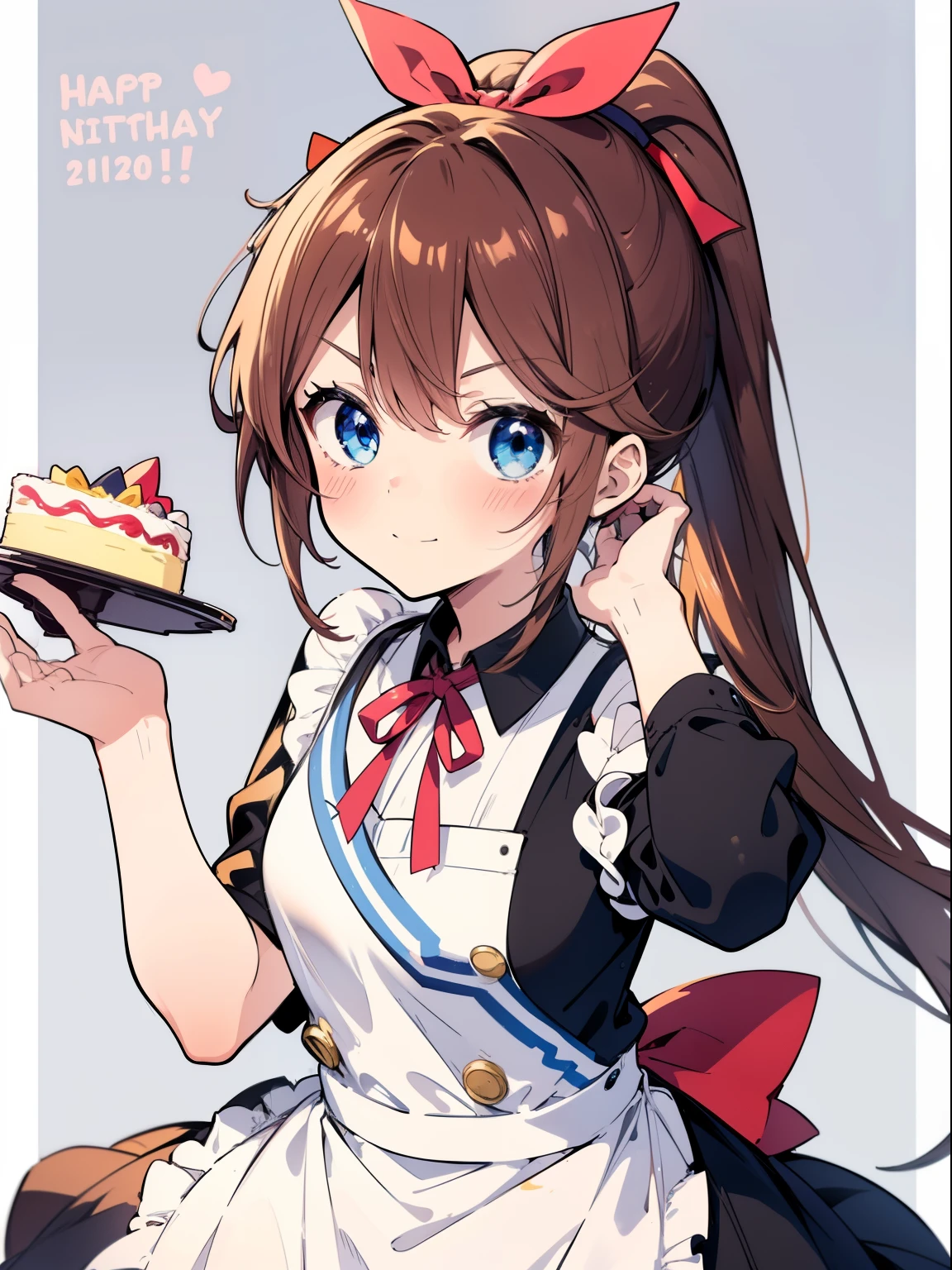 TokaiTeio、Good looking girl (long ponytail hair with square bangs, red ribbon,blush, perfect face), independent , looking at camera, masterpiece, anime art style, cute characters, most detailed, high quality、Nico Nico Smile、birthday cake、happy birthday、Wearing an apron at home