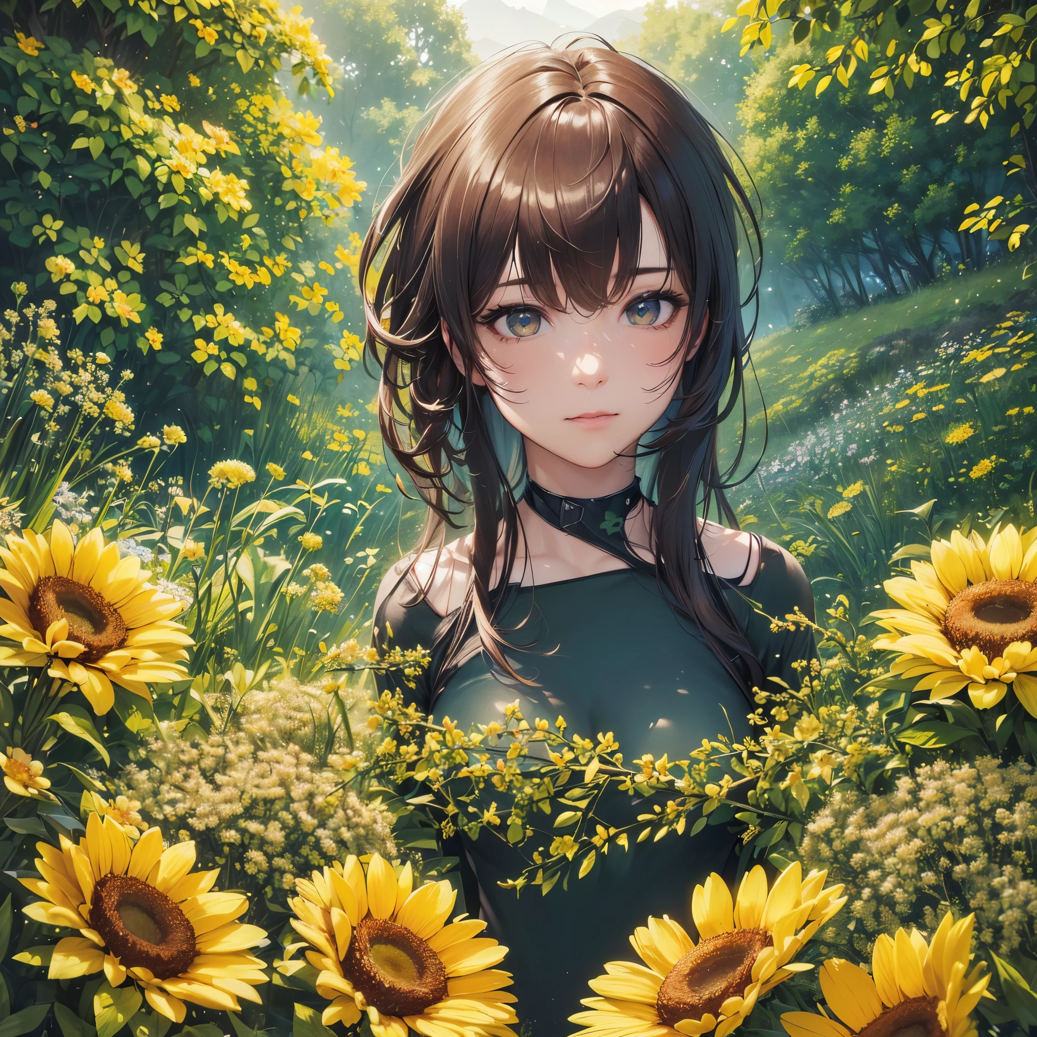 (best quality,4k,8k,highres,masterpiece:1.2),ultra-detailed,(realistic,photorealistic,photo-realistic:1.37),classic world war 2 dreadnought,brightly colored sea of flowers,bumble bee color scheme,sexy female crew,portraits,landscape,vivid colors,studio lighting,physically-based rendering,extreme detail description,professional