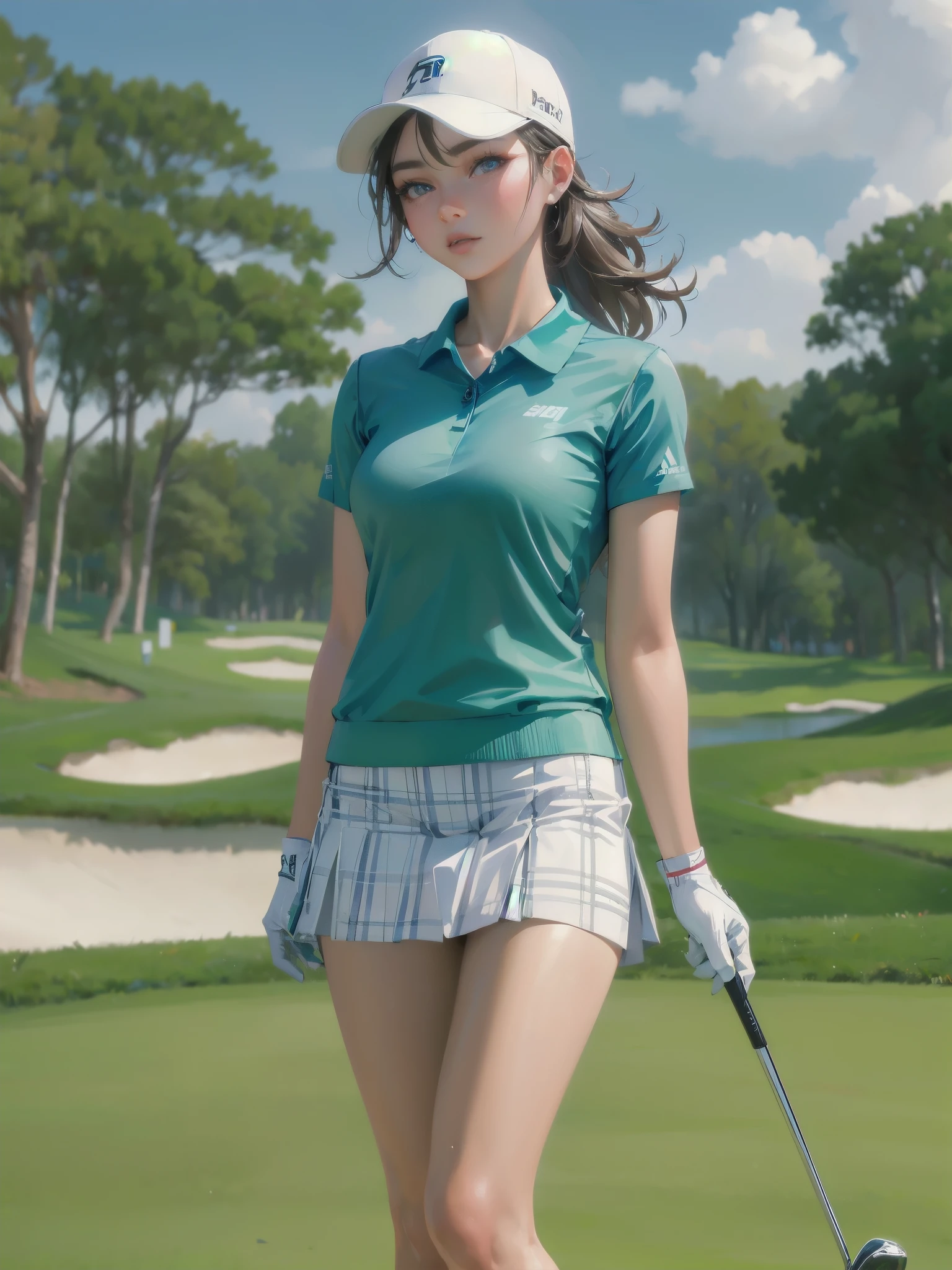 high quality,HD,16k,sharp lines,1 girl,Female golf athlete ,cute face, large breasts, nice legs,At the golf venue,focus girl,detailed beautiful face,detailed clothes,beautiful eyes,cool,dynamic angle