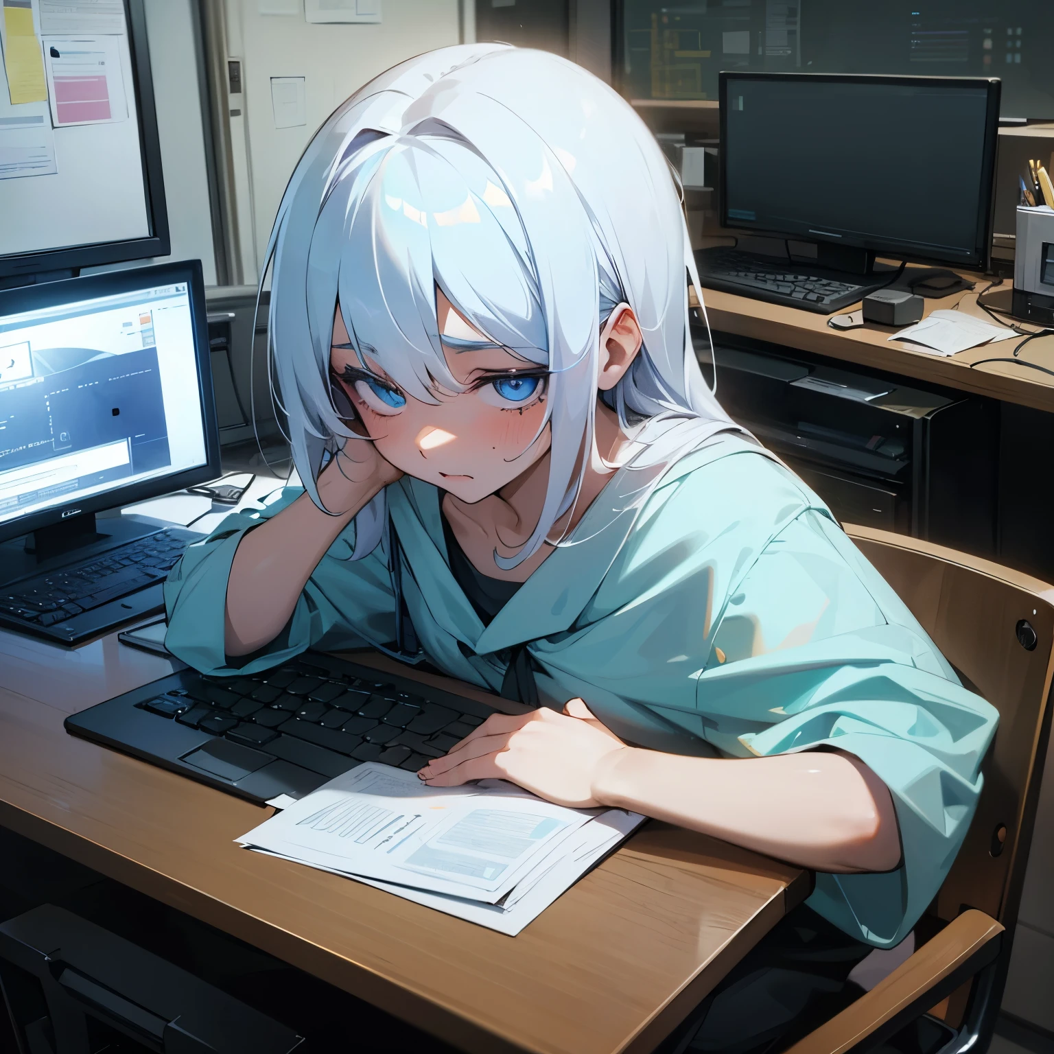 Image of a student with severe eye pain in front of the computer