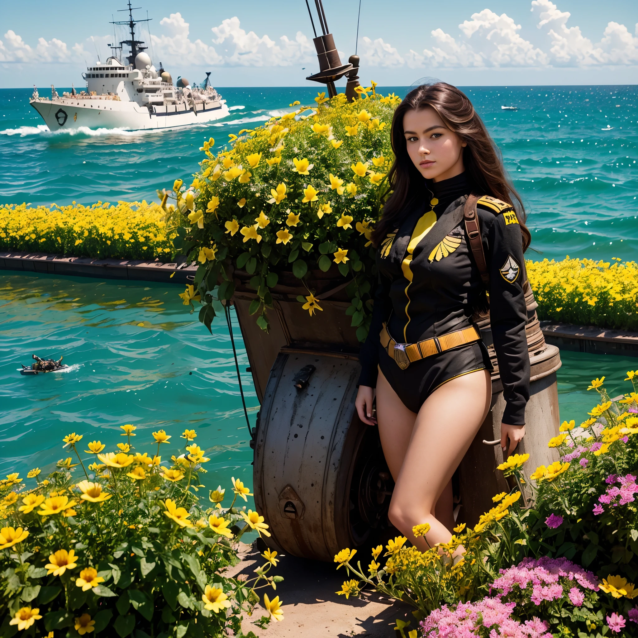 A (classic world war 2 dreadnought with a bumble bee color scheme and a sexy female crew) navigate a sea of flowers (brightly colored, many varieties