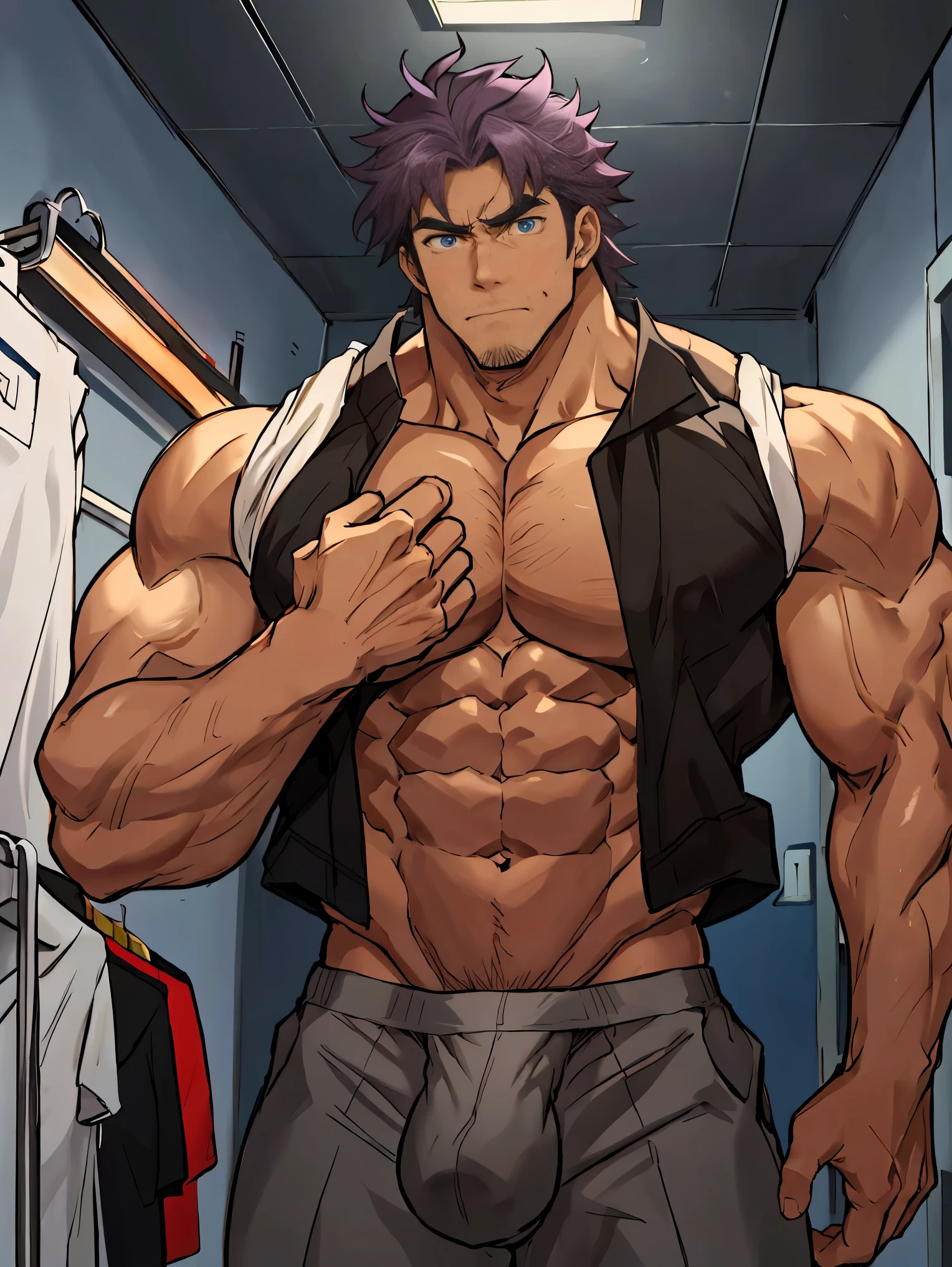 (The main character is taller than anyone else),(Wearing a sleeveless shirt and gray briefs),(masterpiece,best quality),1 person,boy,very shy,Face turned red,indifferent,muscular,delicate eyes,nude,(nude),blue eyes,,short blue-purple hair,(Fluorescent lamp),Robust,Dark brown skin,(a color),((In the dressing room)),multiple people,(hands hang down naturally),Turn slightly sideways,Anime ,anime wallpaper,Dilation of the pectoral muscles,Espalhe as pernas,sexy,(master part, best quality),((Exaggerated bulge of muscles)),The protagonist very tall and his head almost reaches the ceiling,muscular characters, super buff and cool, tall and muscular, muscular!!, very buff, muscular attractive men, massive muscles, big muscle, Muscular men, anime handsome men, muscular!, gigachad muscles, muscular bodies, muscular character,