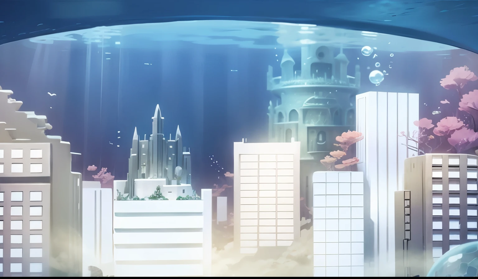 underwater city, protected by a bubble, building, fantasy world