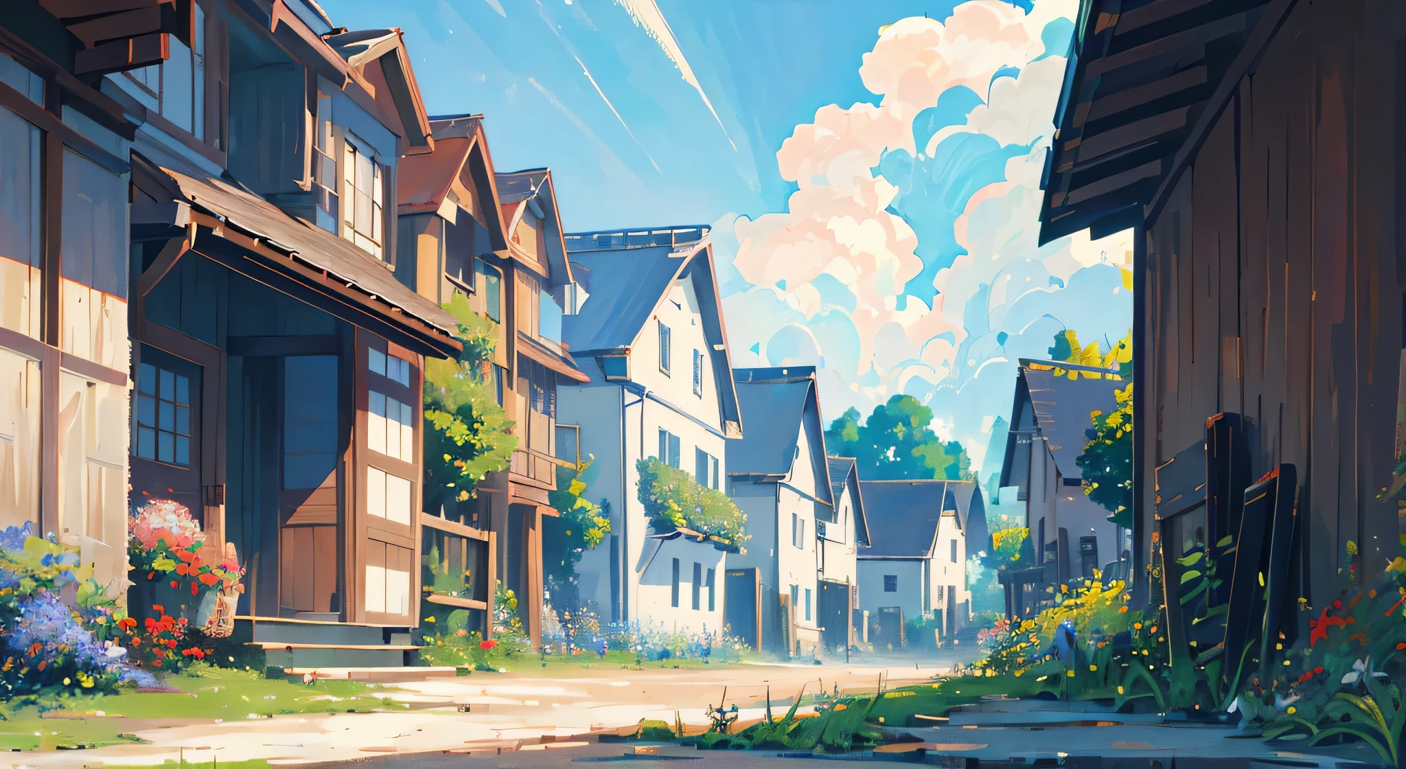 masterpiece,best quality,official art,extremely detailed CG unity 8k wallpaper,outdoors, animal, spring \(season\), cloudy sky,studio ghibli, garden,village,
