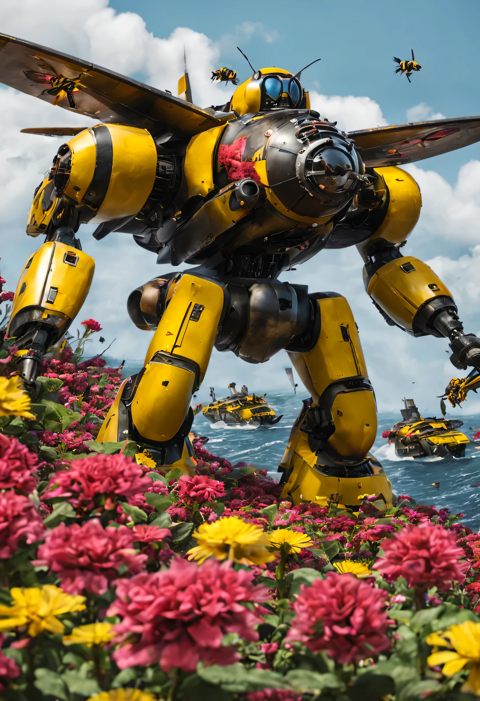 A (classic world war 2 dreadnought with a bumble bee color scheme and a sexy female crew) navigate a sea of flowers (brightly colored, many varieties