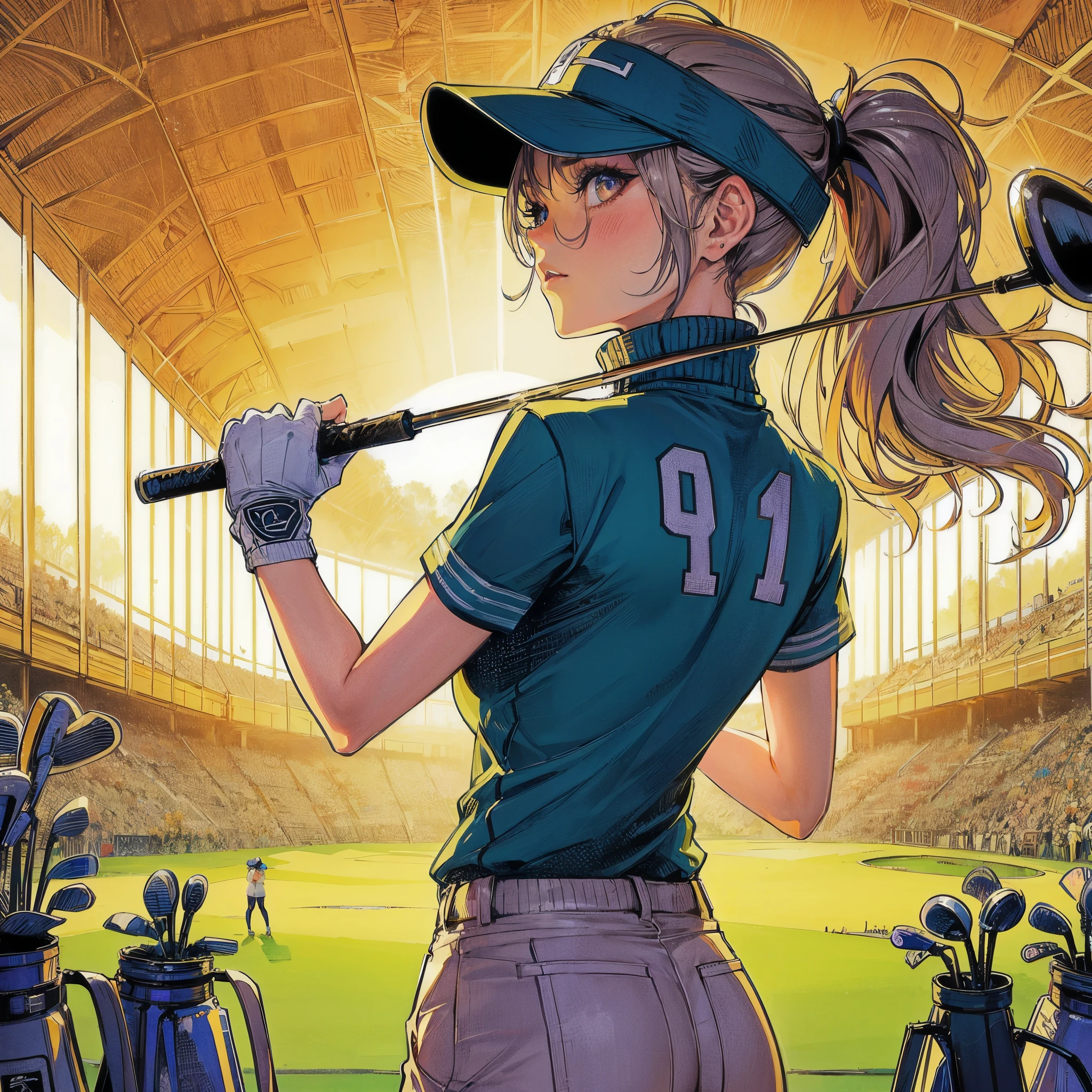 high quality,HD,16k,sharp lines,1 girl,Female golf athlete ,cute face, large breasts, nice legs,At the golf venue,focus girl,detailed beautiful face,detailed clothes,beautiful eyes,cool,dynamic angle