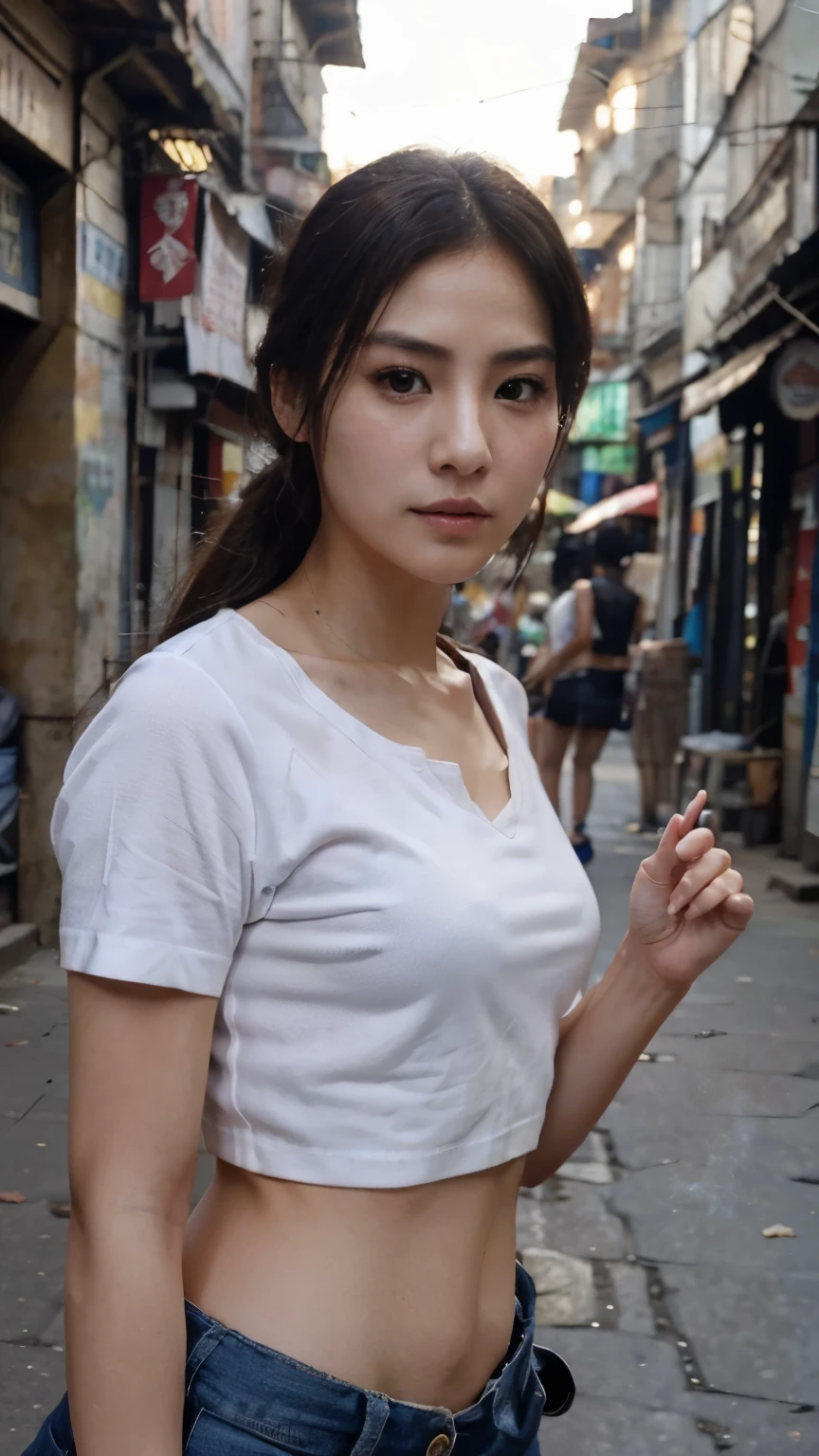 Julia chang from tekken. smoking. crop top, mini skirt. in kolkata