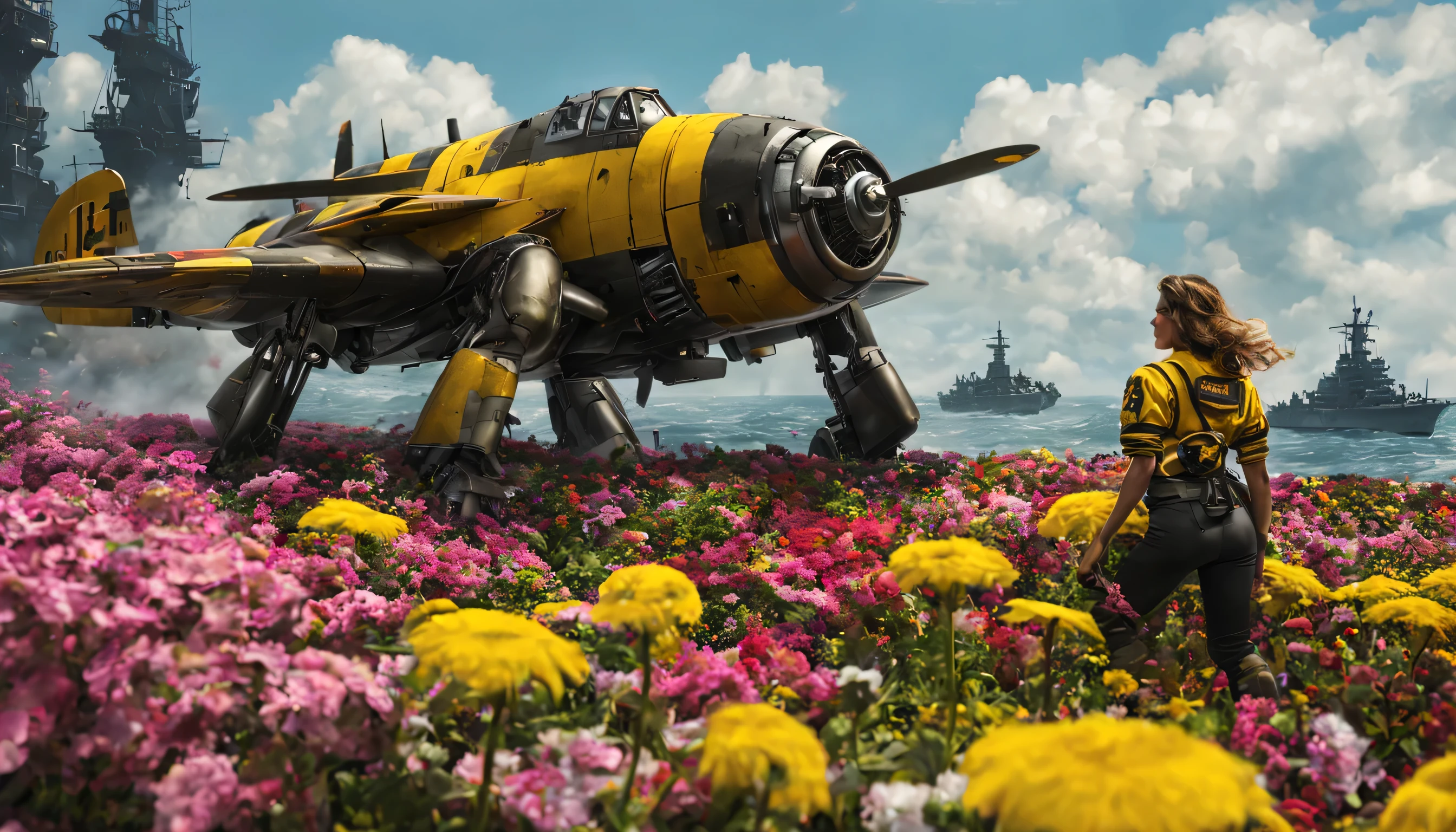 A (classic world war 2 dreadnought with a bumble bee color scheme and a sexy female crew) navigate a sea of flowers (brightly colored, many varieties