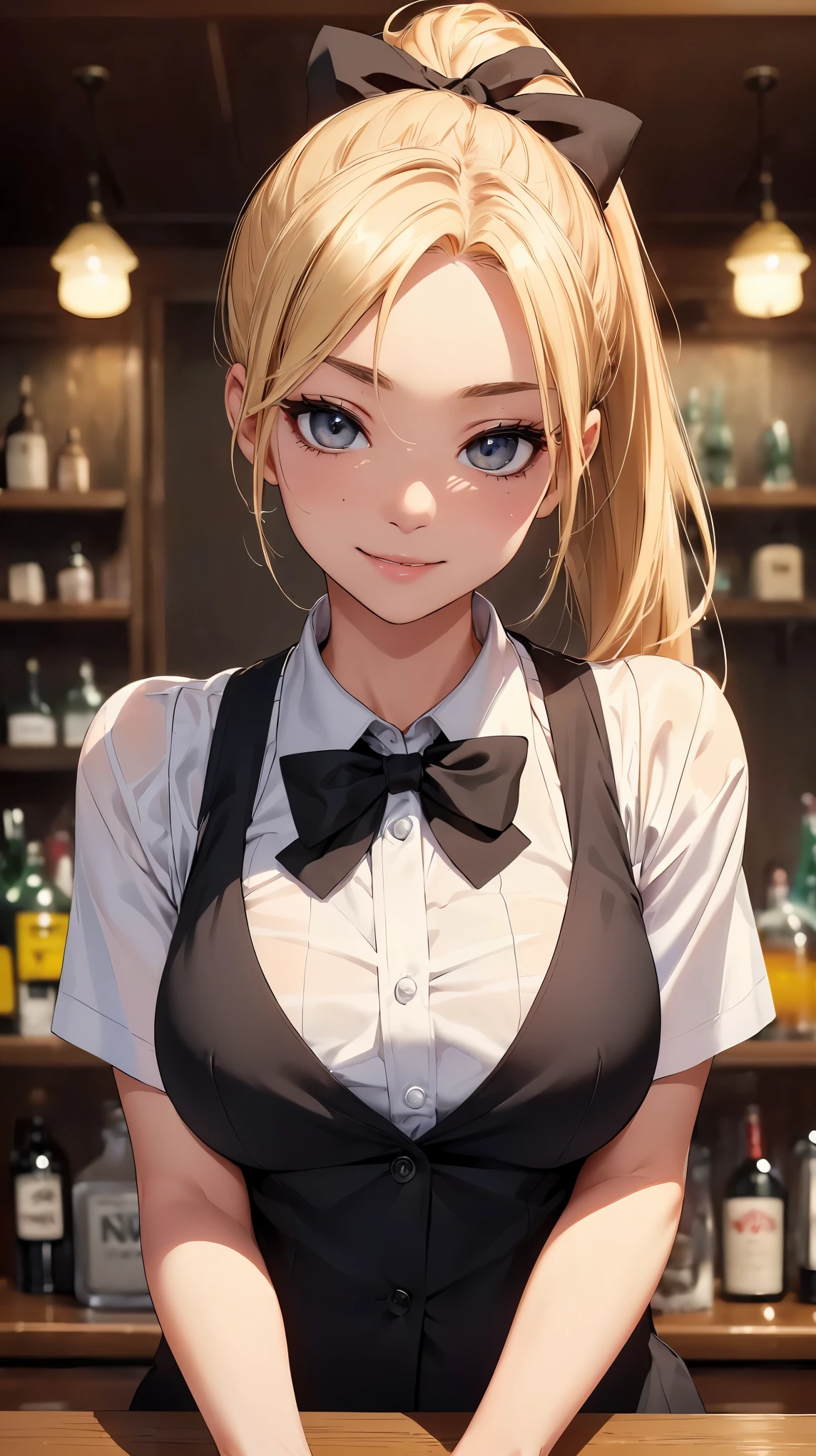 NSFW, (8k, RAW photo, 最high quality, masterpiece:1.2), High-definition RAW color photo, Professional photo shoot, cinematic light, alone, (((young woman))), (detailed expression), (round eyes), (small face), (high detail skin:1.2), clavicle, cute face, beautiful appearance, long eyelashes, (blonde, high ponytail, black eye), (slim body shape:1.4), very detailed顔と肌の質感, fine eyes, double eyelid, joy, (((mysterious smile))), ((facing the front:1.2)), (((bar counter))), ((formal vest, ribbon on white shirt, Colorful cocktails)), ((rows of liquor bottles:1.4, Bartender Woman)), beautiful skin, shiny skin, perfect fingers, five fingers, anatomically correct, background bokeh, high quality, surreal, bright colors, ((Nikon, 135㎜, f/1.8, very detailed, photo shoot)),