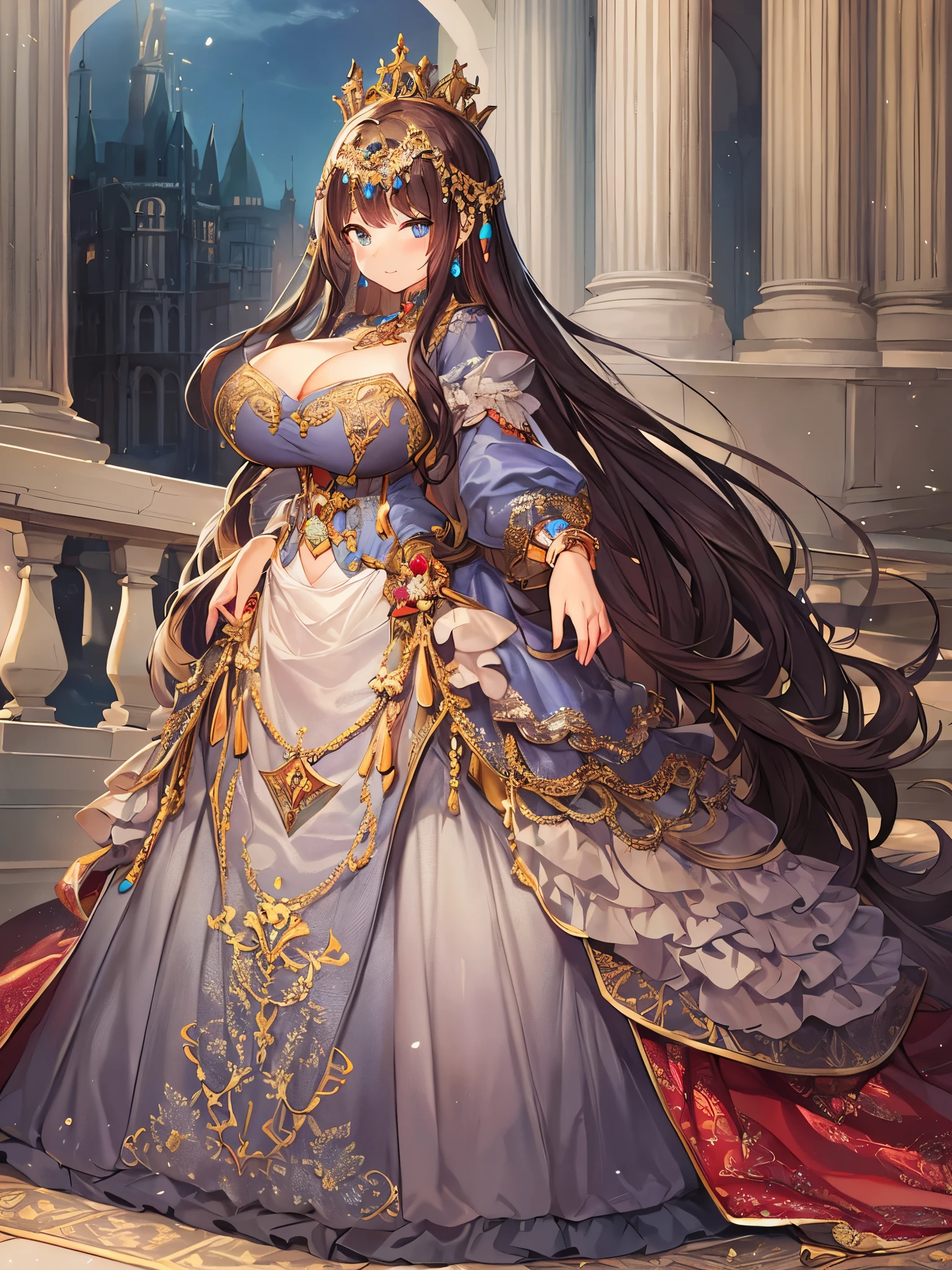 anime artstyle,Masterpiece,Best Quality,Super Detail,Very Delicate and Beautiful,Solo,full body,full body portrait,((1 bling-bling gorgeous princess in a gorgeous embroidery rococo ballgown with jeweled)),(((very very gigantic tits,cleavage,curvy))),Skindentation,((fantasy castle,outdoor)),((crinoline,long train)),super detailed gorgeous princess ballgown with voluminous full length hoop skirt,gorgeous princess rococo ballgown with long train,((gorgeous princess rococo ballgown with beautiful embroidery and jeweled)),(detailed face and eyes),jewel-like eyes,((extremely voluminous straight Hair,Extremely Long Straight Hair)),extremely gorgeous hair ornament,((extremely gorgeous bling-bling big tiara)),bling-bling luxurious jewelry,Beautifully detailed lots of lace and ruffles,((super detailed gorgeous princess rococo ballgown with voluminous full length hoop skirt)),full body