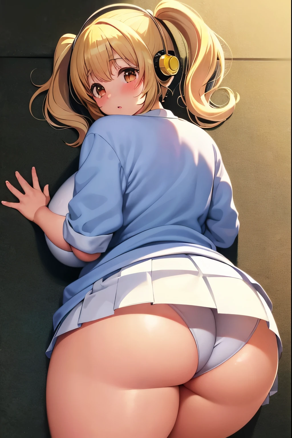 (best quality, high resolution, anime cels style:1.2), super pochaco, curvy, 1girl, beautiful face, (huge breasts:1.4), (no panties:1.2), nsfw, shocked face, blushing, low pov, from below