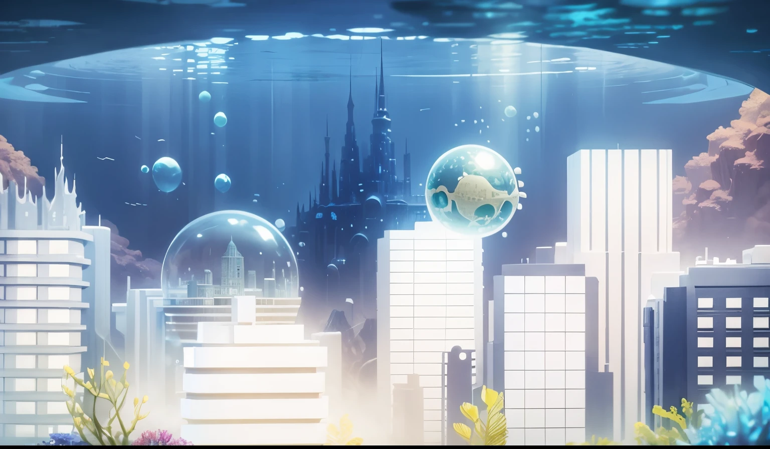 underwater city, protected by a bubble, building, fantasy world
