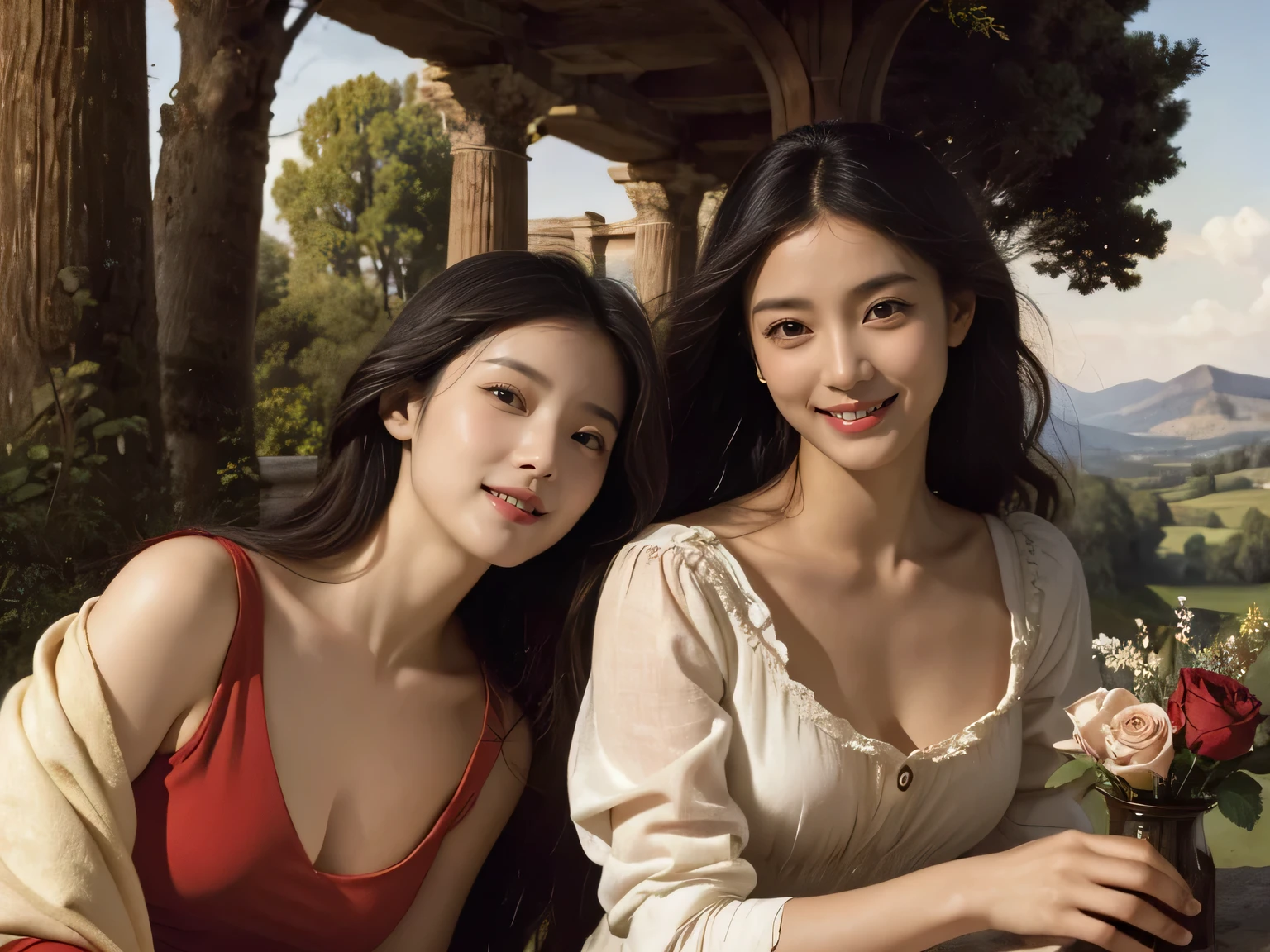 Giorgione painting style,Arguments of two female Philosophe,math、astronomical machine、astronaut、roses in vase、fruits、Cute trinkets、smile、ancient greek costume、Background is a forest lake at night 、Clothes that stretch your shoulders、A big smile、beautiful bare skin、A detailed representation of the seducing woman throughout her body.full body portrait, Ancient Roman ruins, Poussin-style landscape, A smile, , Sweet and seductive appearance.、Caravaggio's paintings、Chiaroscuro of Caravaggio、Hair disheveled in the wind, Two women frolicking, Cute smile, Expression of ecstasy, A sexy, Erotic