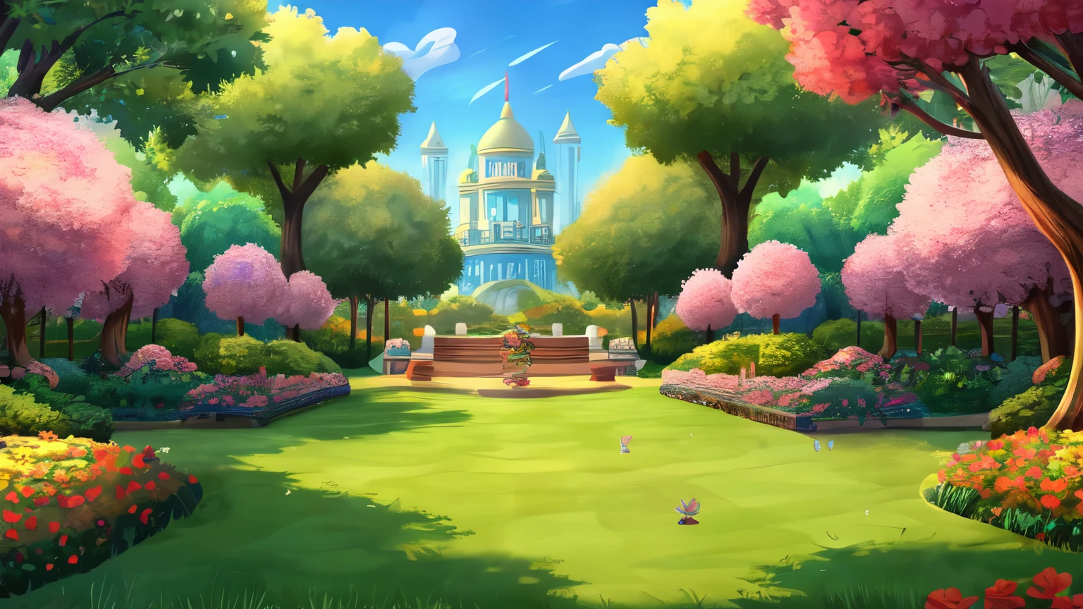 Cartoon illustration of garden with flowers, royal Garden background, background art, park background, background artwork, mobile game background, Garden background, 2D game art background,sunny park background, 2D game environment design