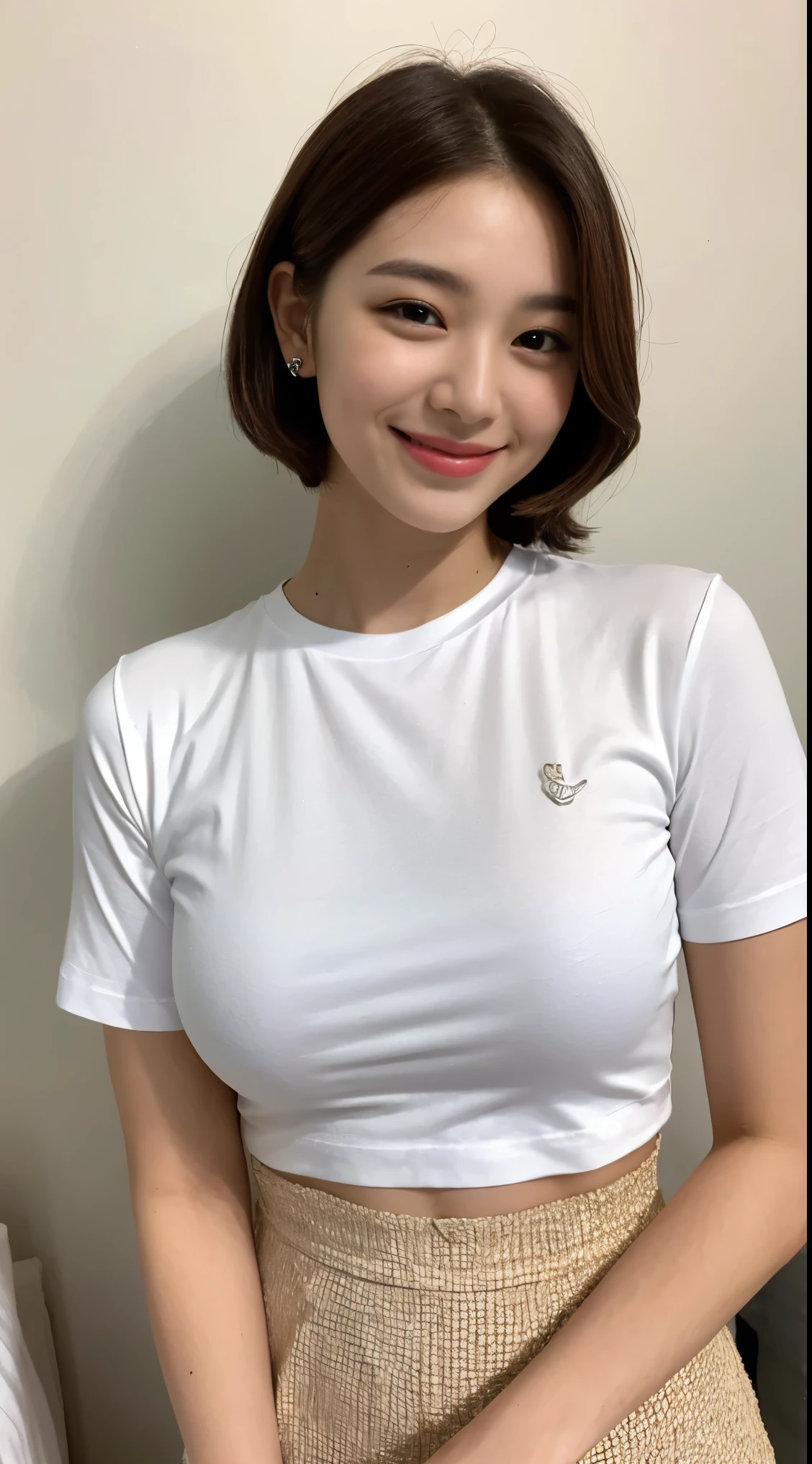 white tight shirt、white tight mini skirt、bed、smile、short sleeve、high resolution、Korean idol face