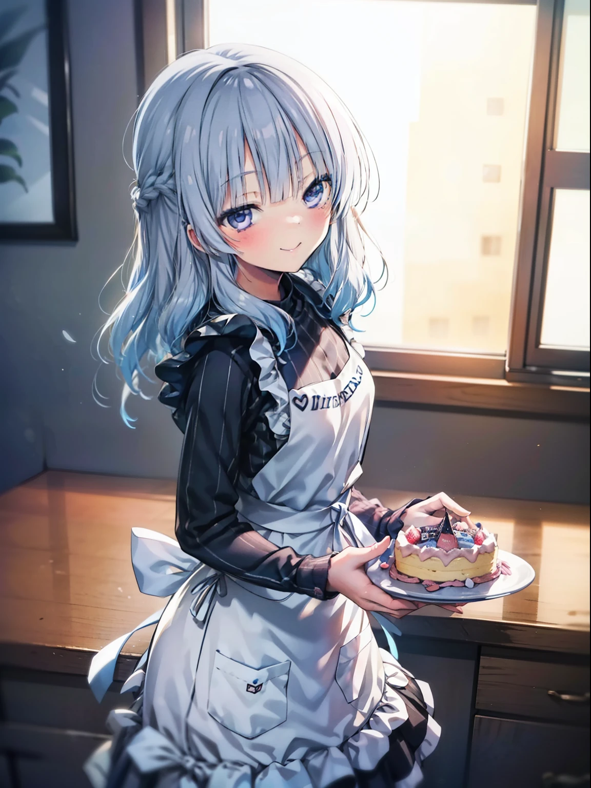 Arisu Sakayanagi、good looking girl independent , looking at camera, masterpiece, anime art style, cute characters, most detailed, high quality、Nico Nico Smile、birthday cake、happy birthday、Wearing an apron at home