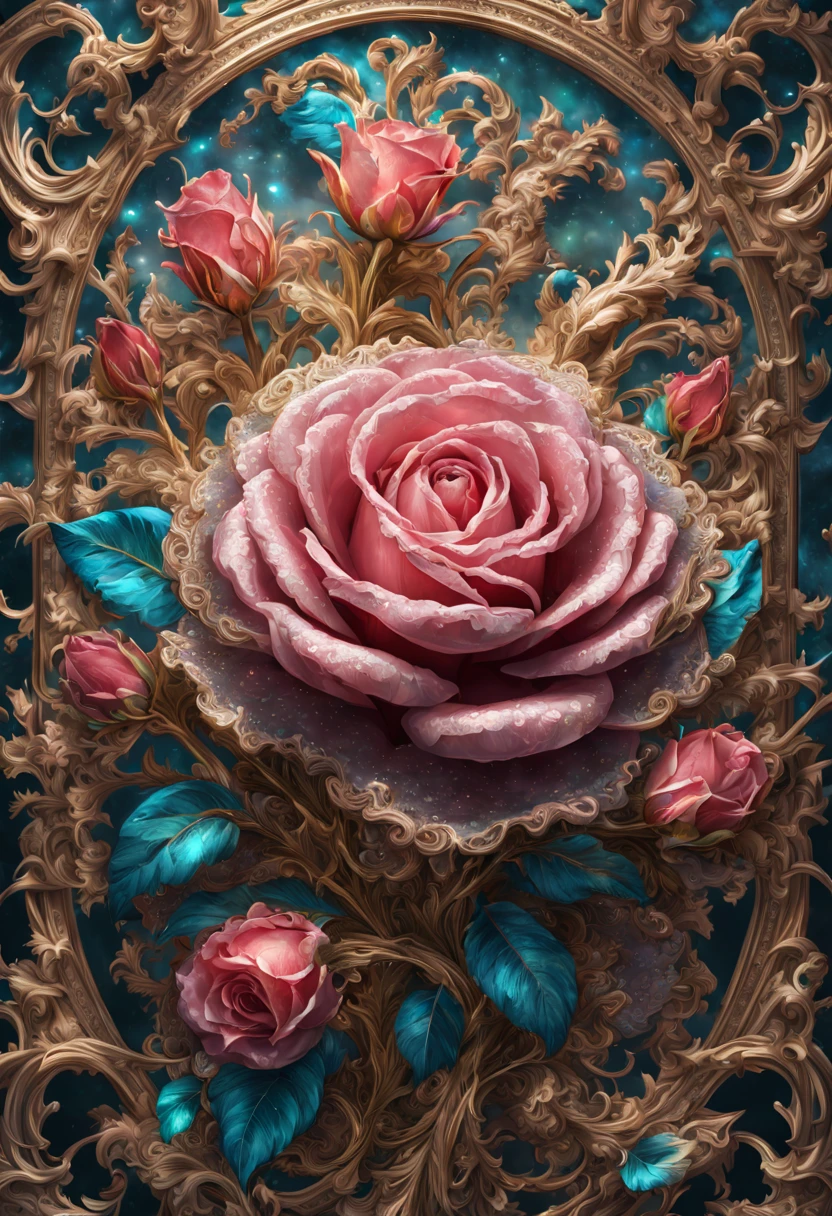 sea of flowers, aesthetic, extremely detailed complex "Shiny Diamond Filigree Rose!!!", a breathtaking epic masterpiece artwork. maximalist highly detailed and intricate professional photography, a_masterpiece, 8k resolution concept_art, Artstation, triadic colors, Unreal Engine 5, cgsociety, octane_photograph
