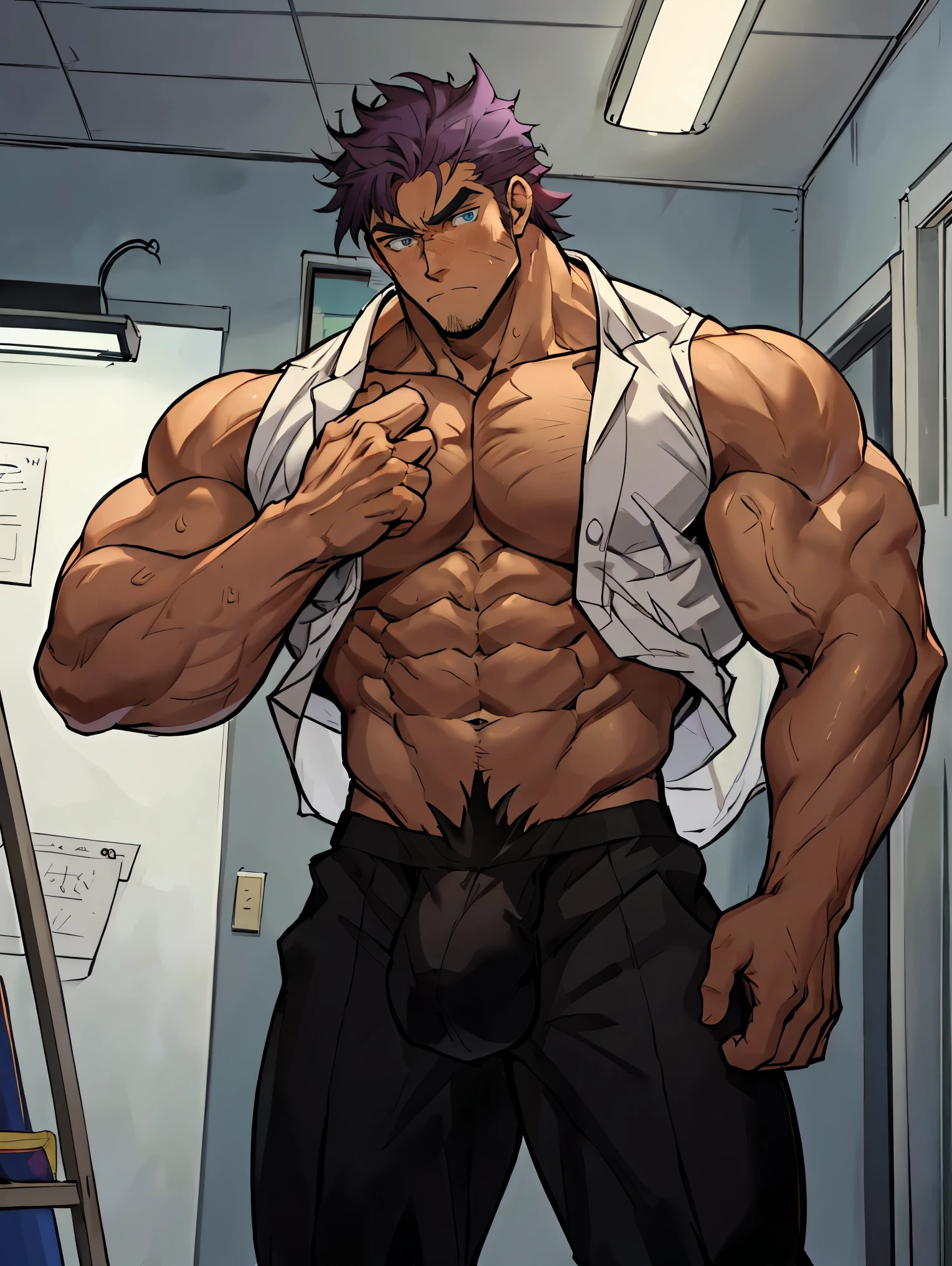 (The main character is taller than anyone else),(Wearing a sleeveless shirt and gray briefs),(masterpiece,best quality),1 person,boy,very shy,Face turned red,indifferent,muscular,delicate eyes,nude,(nude),blue eyes,,short blue-purple hair,(Fluorescent lamp),Robust,Dark brown skin,(a color),((In the dressing room)),multiple people,(hands hang down naturally),Turn slightly sideways,Anime ,anime wallpaper,Dilation of the pectoral muscles,Espalhe as pernas,sexy,(master part, best quality),((Exaggerated bulge of muscles)),The protagonist very tall and his head almost reaches the ceiling,muscular characters, super buff and cool, tall and muscular, muscular!!, very buff, muscular attractive men, massive muscles, big muscle, Muscular men, anime handsome men, muscular!, gigachad muscles, muscular bodies, muscular character,