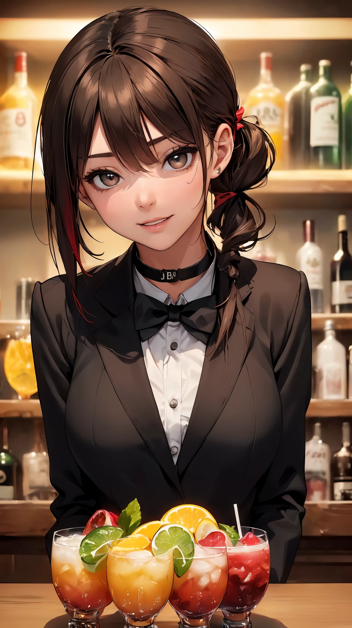 NSFW, (8k, RAW photo, 最high quality, masterpiece:1.2), High-definition RAW color photo, Professional photo shoot, cinematic light, alone, (((young woman))), (detailed expression), (round eyes), (small face), (high detail skin:1.2), clavicle, cute face, beautiful appearance, long eyelashes, (brown hair, side ponytail, black eye), (choker), (slim body shape:1.4, A woman with a slender figure and big breasts), very detailed顔と肌の質感, fine eyes, double eyelid, joy, (((mysterious smile))), ((facing the front:1.2)), (((bar counter))), ((black suit, White shirt and bow tie, black jacket:1.5, Colorful cocktails)), ((rows of liquor bottles:1.4, Bartender Woman)), beautiful skin, shiny skin, perfect fingers, five fingers, anatomically correct, background bokeh, high quality, surreal, bright colors, ((Nikon, 135㎜, f/1.8, very detailed, photo shoot)),