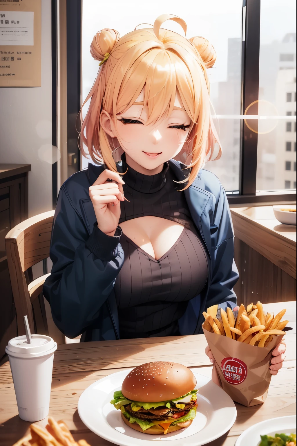 Chica anime con pechos grandes comiendo una hamburguesa y papas fritas., chica anime atractiva, Chica seductora anime, estilo anime 4k, anime moe art style, mejor fondo de pantalla de anime 4k konachan, Fondo de pantalla animado 4K, detailed arte animado digital, comida animada, con papas fritas, anime girl drinks energy drink, linda chica anime, realistic anime art style, arte animado digital, comiendo hamburguesas (PINK HAIR) (ETHEROCHROMIA EYES) 