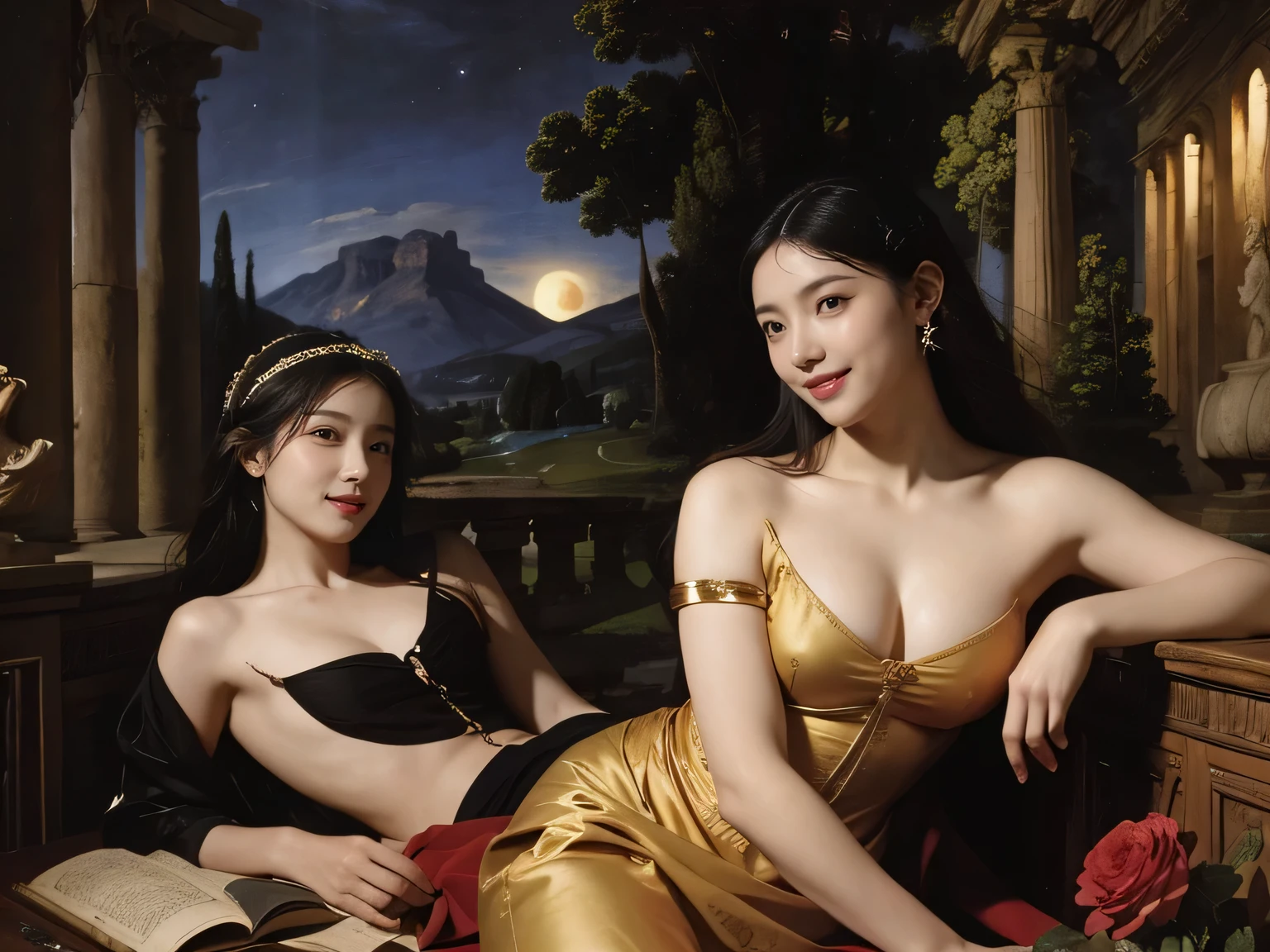 Giorgione painting style,Arguments of two female Philosophe,math、astronomical machine、astronaut、roses in vase、fruits、Cute trinkets、smile、ancient greek costume、Background is a forest lake at night 、Clothes that stretch your shoulders、A big smile、beautiful bare skin、A detailed representation of the seducing woman throughout her body.full body portrait, Ancient Roman ruins, Poussin-style landscape at night, A smile, , Sweet and seductive appearance.、Caravaggio's paintings、Chiaroscuro of Caravaggio、Hair disheveled in the wind, Two women frolicking, Cute smile, Expression of ecstasy, A sexy, Erotic