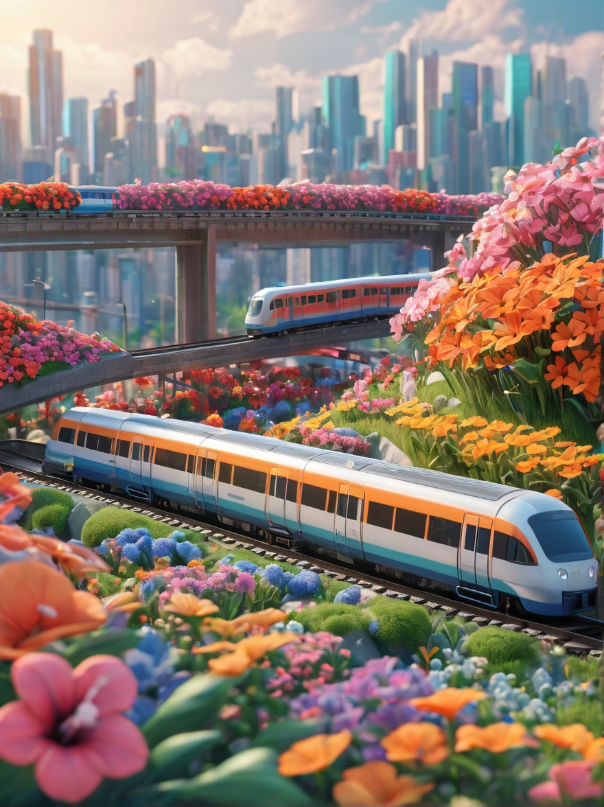 (A sea of flowers:1.5),Flowers,A modern city of flowers,city illustration,city building,((A long train bound for the spring sea of flowers)),Travel on the urban viaduct composed of modern flowers,winding,Cute butterflies dancing,hibiscus flowers in bloom,sunny,The scene is cheerful,breath of spring,soft natural light,3D rendering miniature scene design,miniature diorama,transparent material,pipeline transport materials,Colorful,futuristic,Graphic design inspiration illustration,Sinsing Render,Blender,Unreal Engine,HDR, HD,best quality