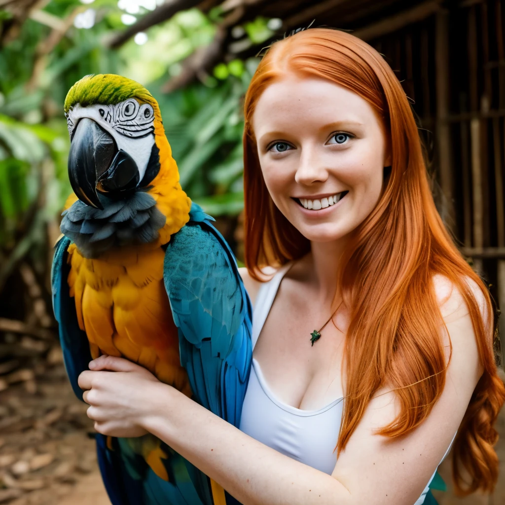 Foto comum em bonito mato grosso do Sul brasil, Pale ginger redhead woman holding a blue macaw in her arm and smiling at camera