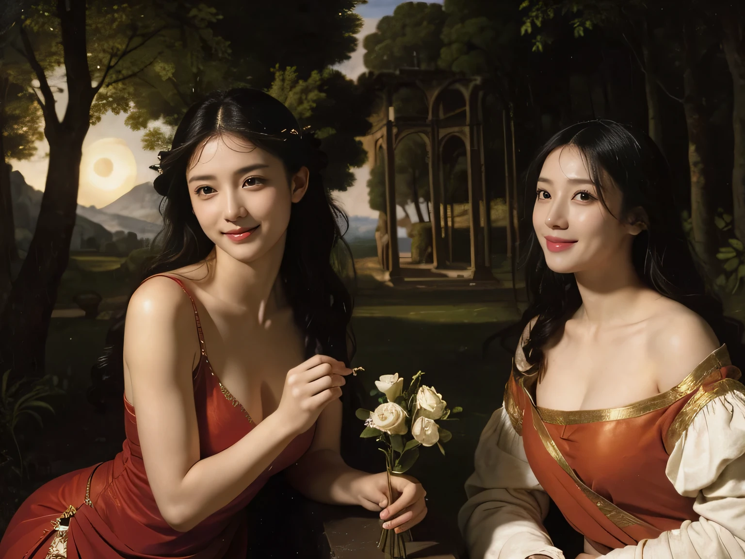 Giorgione painting style,Arguments of two female Philosophe,math、astronomical machine、astronaut、roses in vase、fruits、Cute trinkets、smile、ancient greek costume、Background is a forest lake at night 、Clothes that stretch your shoulders、A big smile、beautiful bare skin、A detailed representation of the seducing woman throughout her body.full body portrait, Ancient Roman ruins, Poussin-style landscape at night, A smile, , Sweet and seductive appearance.、Caravaggio's paintings、Chiaroscuro of Caravaggio、Hair disheveled in the wind, Two women frolicking, Cute smile, Expression of ecstasy, A sexy, Erotic