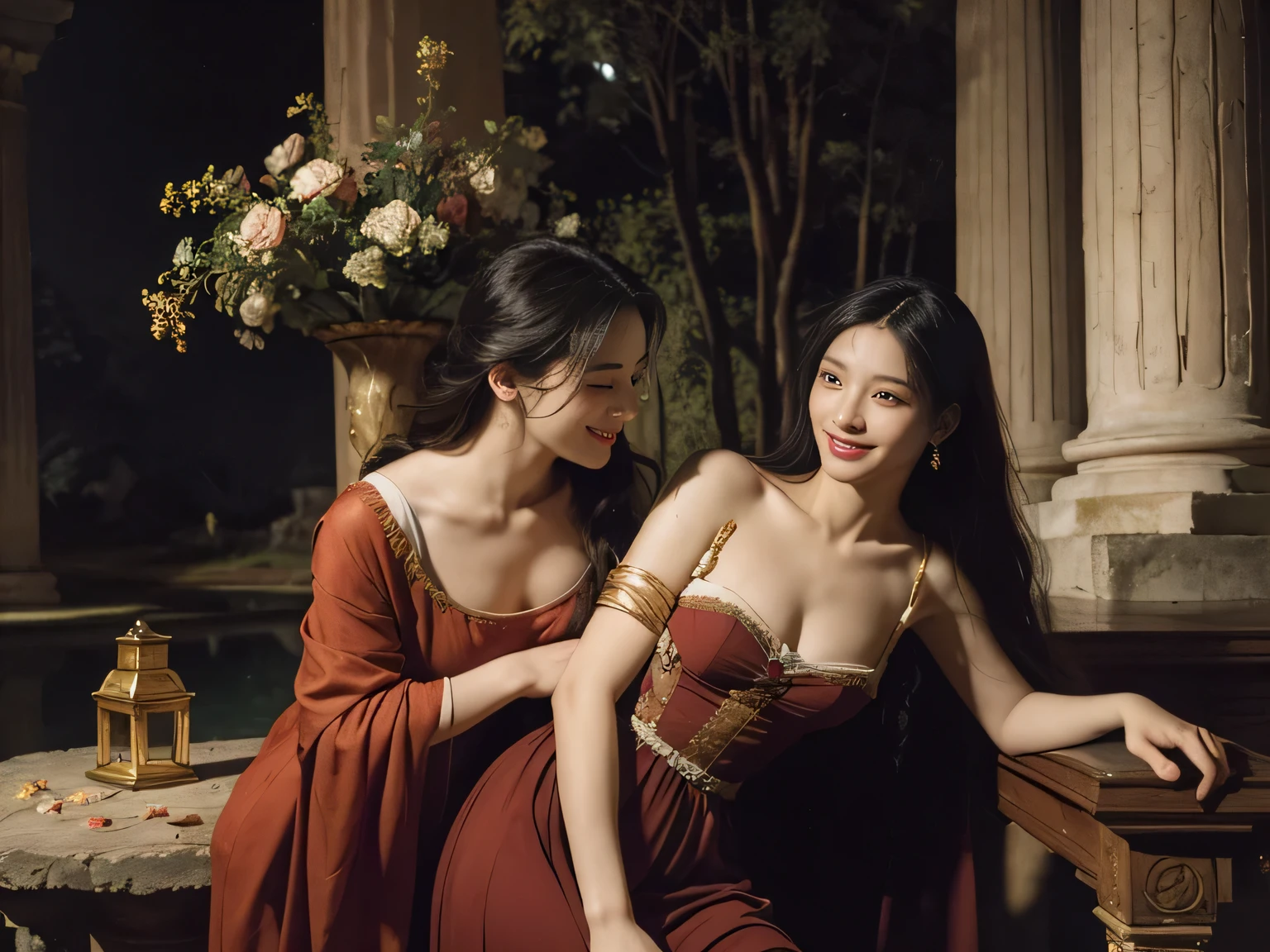 Giorgione painting style,Arguments of two female Philosophe,math、astronomical machine、astronaut、roses in vase、fruits、Cute trinkets、smile、ancient greek costume、Background is a forest lake at night 、Clothes that stretch your shoulders、A big smile、beautiful bare skin、A detailed representation of the seducing woman throughout her body.