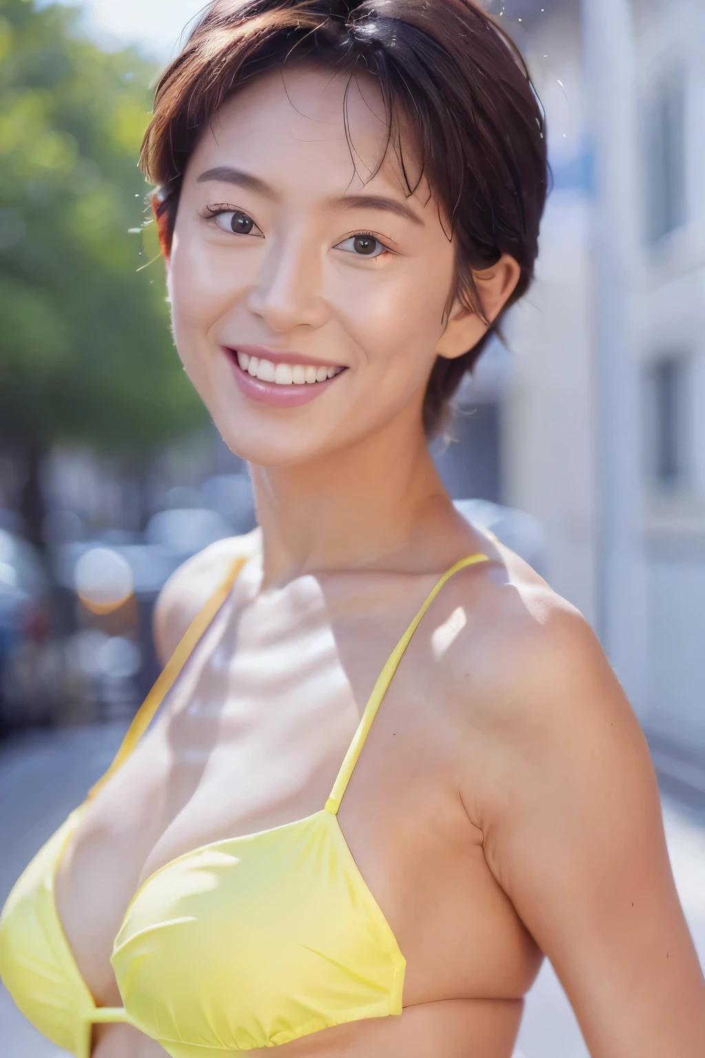 NSFW:1.5,((highest quality、8K resolution、master masterpiece、portrait:1.3)), Photoreal, 35mm film, 1 Japanese female, Upper body,Beautiful woman, on the street during the day, wrinkles around the eyes, plump body,,smile,((Sexy yellow micro bikini:1.3)) , (outdoors:city street 1.3), jumbled background,look at the audience,Tokyo cityscape:1.3