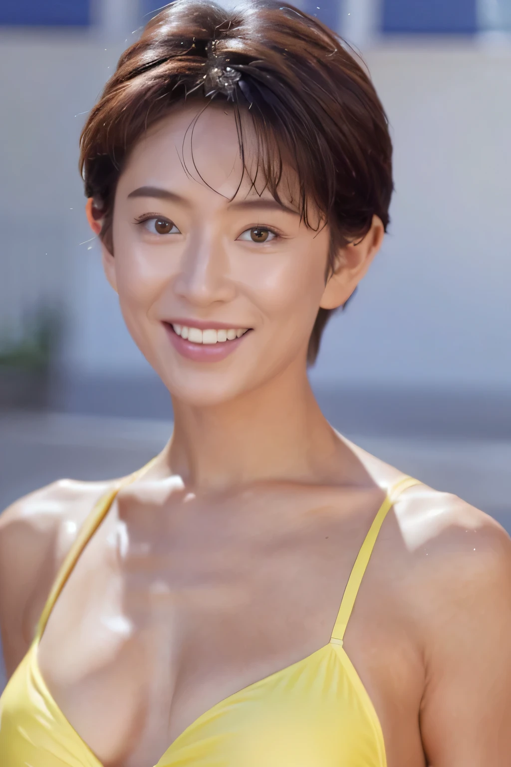 NSFW:1.5,((highest quality、8K resolution、master masterpiece、portrait:1.3)), Photoreal, 35mm film, 1 Japanese female, Upper body,Beautiful woman, on the street during the day, wrinkles around the eyes, plump body,pixie cut_boyish,smile,((Sexy yellow micro bikini:1.3)) , (outdoors:city street 1.3), jumbled background,look at the audience,Tokyo cityscape:1.3