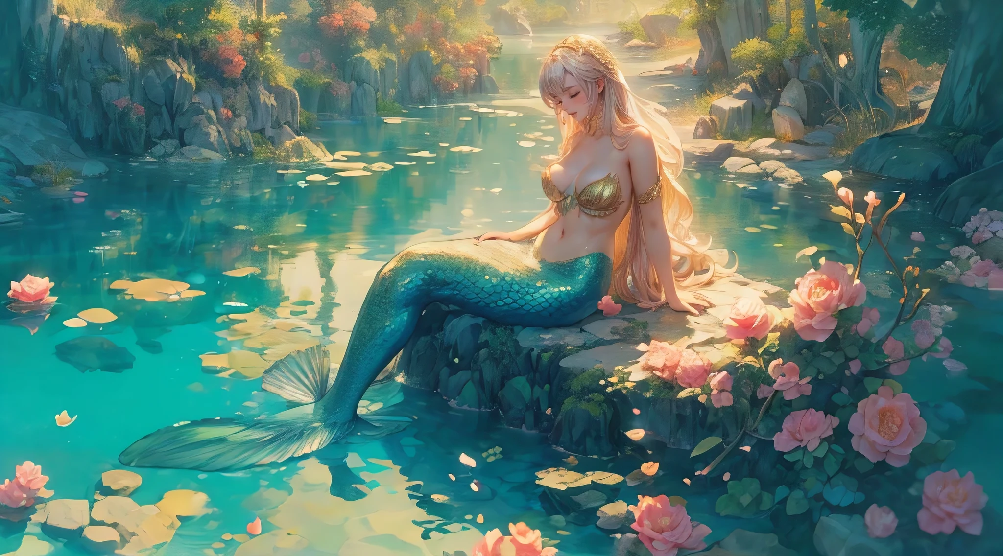 (masterpiece, best quality, photorealistic, ultra-detailed:1.2), a mermaid relaxing on a rock in the middle of sea of roses, (underwater, under the sea), perfect body, large breasts, wide hips, golden fin and scales, surreal, whimsical cartoon style, artgerm
