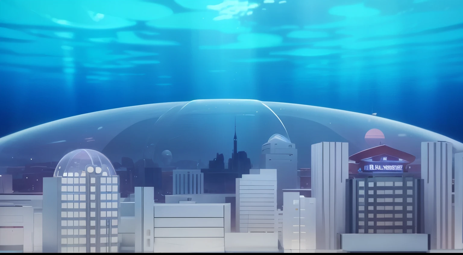 underwater city, protected by a bubble, modern building, modern design, fantasy world