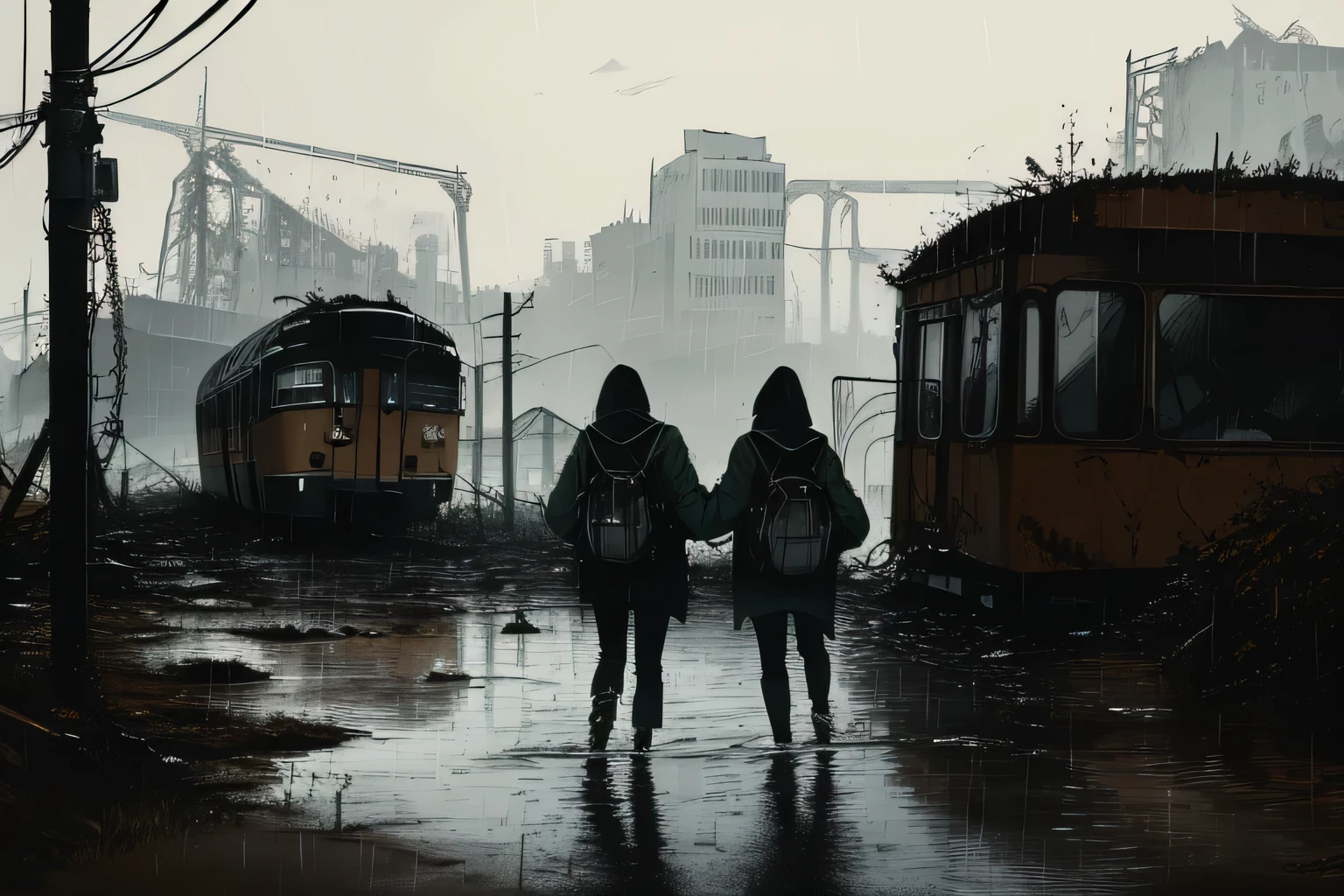masterpiece, best quality, 2girls, (closeup), 18yo teen, slim, small breast, walk knee-deep in water, sad, tired, dirty face, green raincoat, hoods on, goggles on head, (backpackilitary pants, heavy rain, downpour, flood, wasteland, abandoned train station, industrial ruins, grey, desolate, rain, dark, sketch