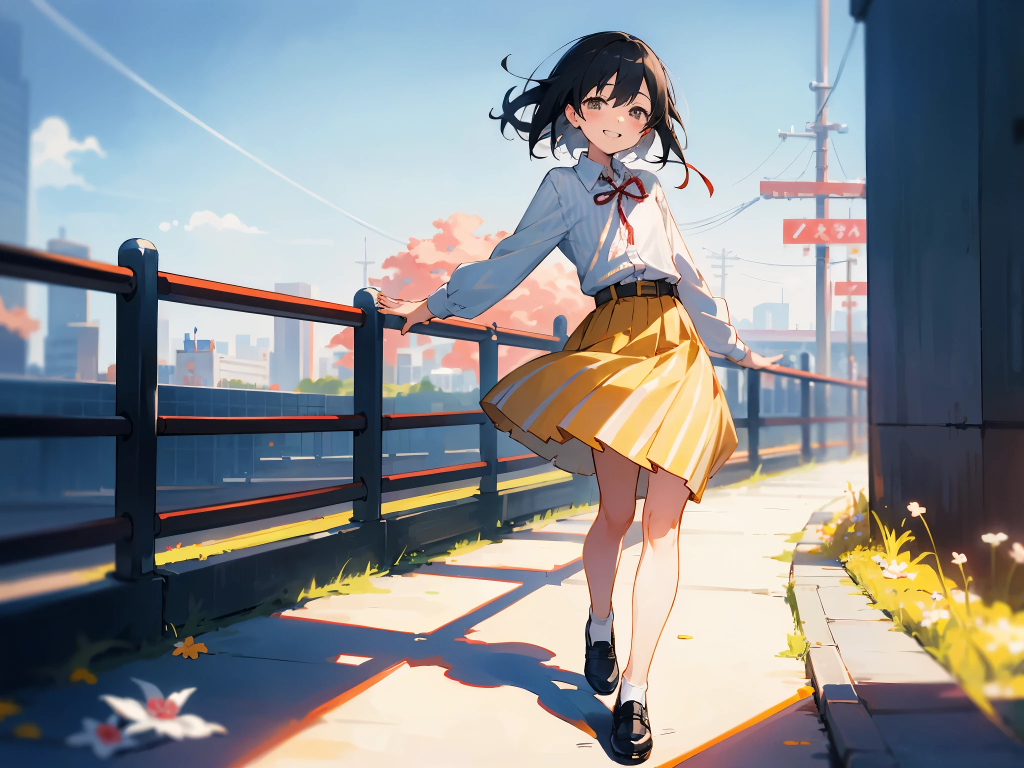 Nishino Flower in Osaka, wink, cityscape, corner, red ribbon, collared shirt, striped shirt, white shirt, long sleeve, pleated dress, yellow dress, pleated skirt, belt, 黒いshoes, shoes, [Smile], by Makoto Shinkai, 