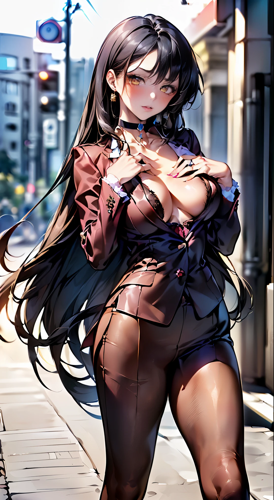 (masterpiece:1.2, highest quality), (realistic, photorealistic:1.4), beautiful illustrations,
looking at the viewer, whole body, Front view:0.6,
((1 female:1.9)), ((black hair, hime cut:1.9 straight long hair:1.7)), ((big breasts:1.6, big ass))
beautiful hair, beautiful face, beautiful and detailed eyes, (yellow eyes:1.3), beautiful clavicle, beautiful body, beautiful breasts, beautiful thighs, beautiful feet, beautiful fingers, perfect anatomy:1.3, perfect anatomy
(street:1.4)
((three piece suit:1.8, choker:1.6)),
((put your left hand on your chest, open your legs:1.3)),
(Look at the viewer while blushing:1.3)