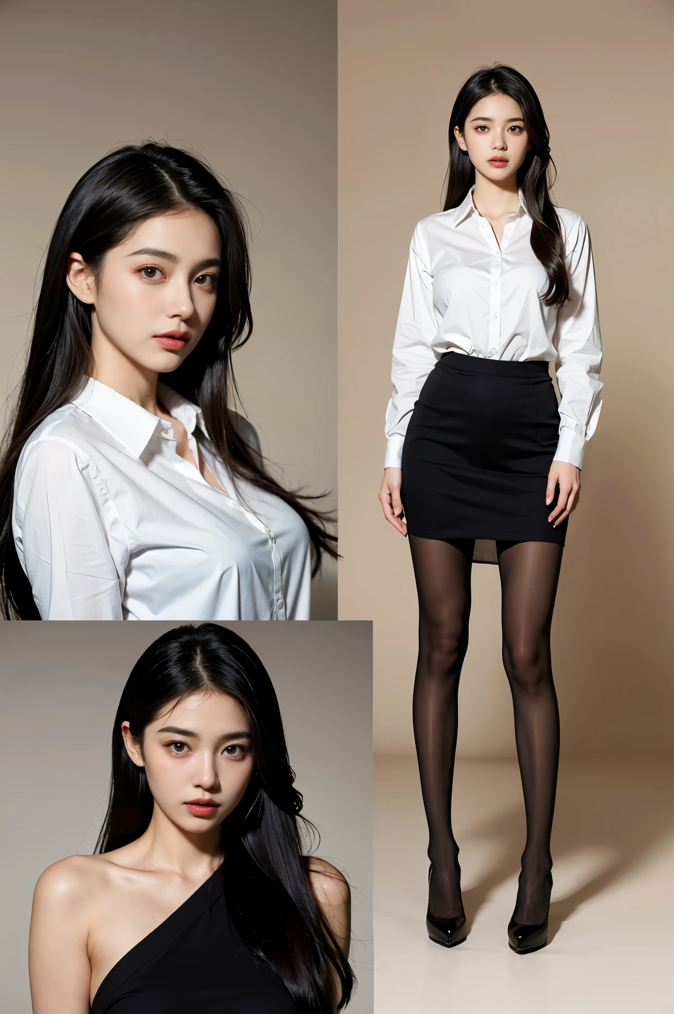 (masterpiece:1.3), (8 thousand, realistic, RAW photos, best quality: 1.4), (1 woman), (an exceptionally beautiful face), (incredibly beautiful body), (long eyelashes), (double eyelid), (big bust) , (realistic face), (black hair, long hair:1.3), beautiful hairstyle, realistic eyes, (really beautiful and delicate eyes), (realistic skin), beautiful skin, (shirt), absurd, attractive, ultra high resolution, extremely realistic, very detailed, golden ratio, naked, (whole body), (flesh colored pantyhose), (She's really pretty and has long legs), (high heel),(short skirt),(shirt 사이로 아름다운 가슴과 브래지어가 보인다)