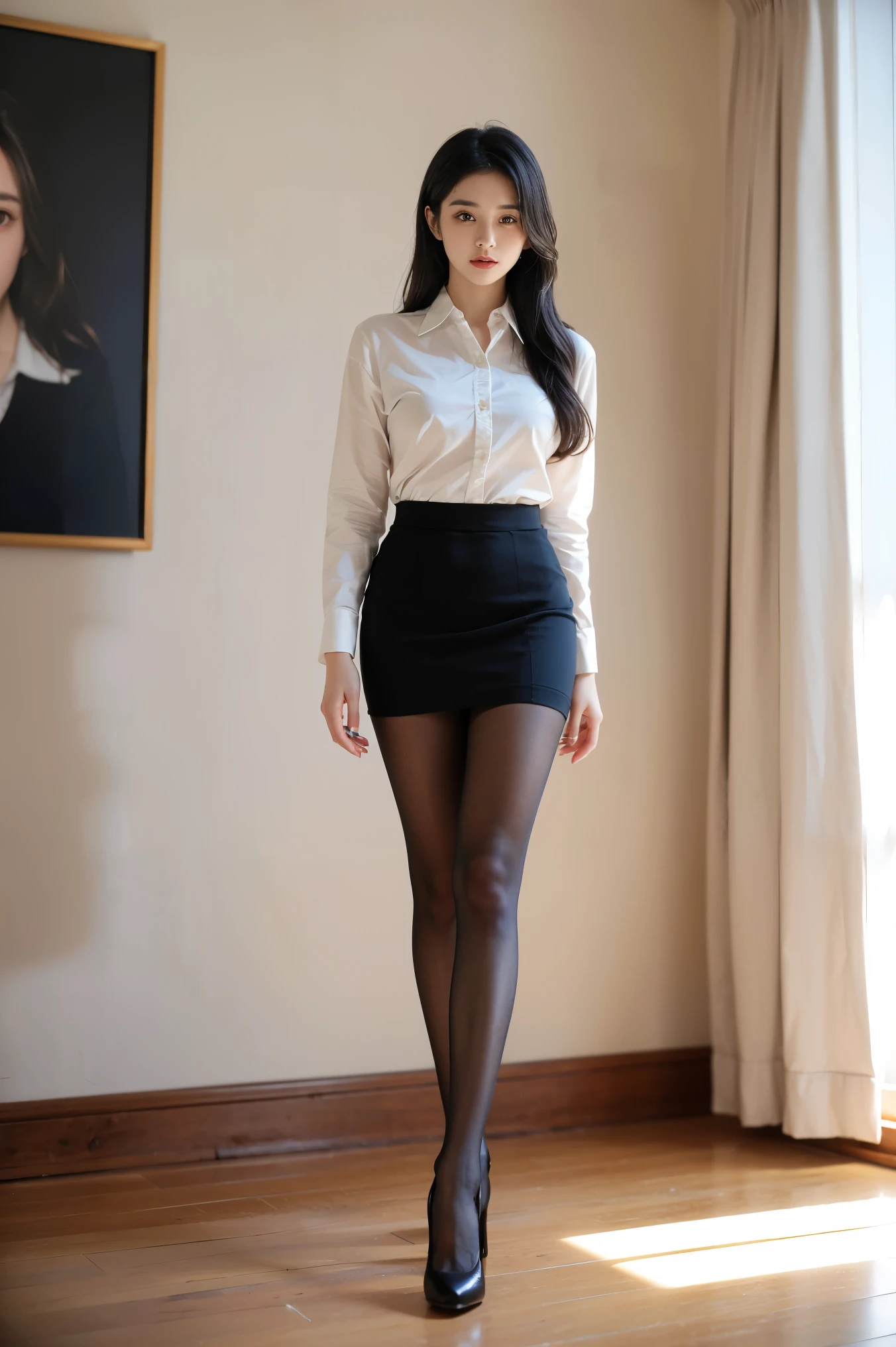 (masterpiece:1.3), (8 thousand, realistic, RAW photos, best quality: 1.4), (1 woman), (an exceptionally beautiful face), (incredibly beautiful body), (long eyelashes), (double eyelid), (big bust) , (realistic face), (black hair, long hair:1.3), beautiful hairstyle, realistic eyes, (really beautiful and delicate eyes), (realistic skin), beautiful skin, (shirt), absurd, attractive, ultra high resolution, extremely realistic, very detailed, golden ratio, naked, (whole body), (flesh colored pantyhose), (She's really pretty and has long legs), (high heel),(short skirt),(shirt 사이로 아름다운 가슴과 브래지어가 보인다)