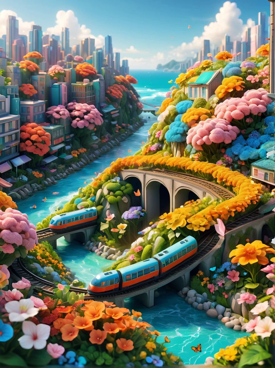 (city of flowers:1.5),Flowers,A modern city composed of flowers,city illustration,city building,((A long train bound for the spring sea of flowers)),Travel on the urban viaduct composed of modern flowers,winding,Cute butterflies dancing,hibiscus flowers in bloom,sunny,The scene is cheerful,breath of spring,soft natural light,3D rendering miniature scene design,miniature diorama,transparent material,pipeline transport materials,Colorful,futuristic,Graphic design inspiration illustration,Sinsing Render,Blender,Unreal Engine,HDR, HD,best quality