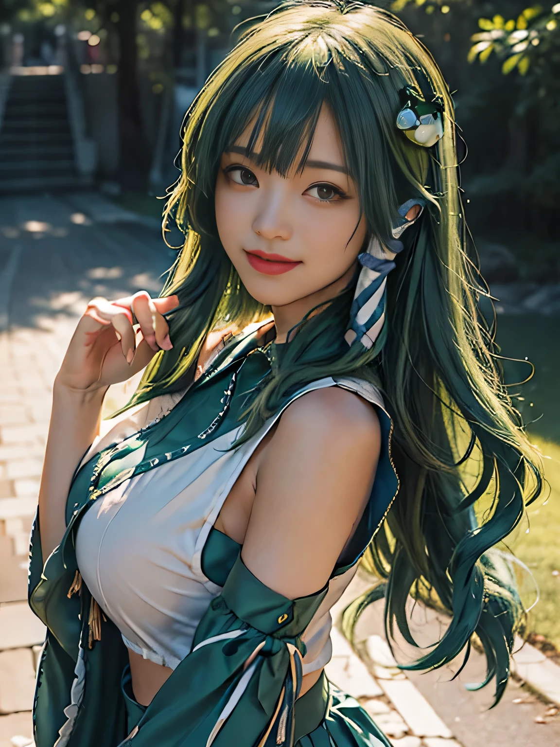 (masterpiece, best quality:1.4), ((1girl)), highres, solo, (european youth:1), (((Kochiya Sanae))), touhou project, ((18 years old)), (((Long hair))), (((green hair))), green eyes, frog hair ornament, hair tubes, snake, detached sleeves, ((Exposed shoulders)), (((blue shirt))), single thighhigh, fishnets, high detailed skin, dslr, soft lighting, high quality, highly detailed face, highly detailed skin, skin pores, subsurface scattering, realistic pupils, full face blush, detailed background, depth of field, volumetric lighting, sharp focus, absurdres, realistic proportions, good anatomy, ((cowboy shot)), ((looking at viewer)), ((light smile)), (realistic, hyperrealistic:1.4), 16k hdr, from above, green_bow, Shinto shrine