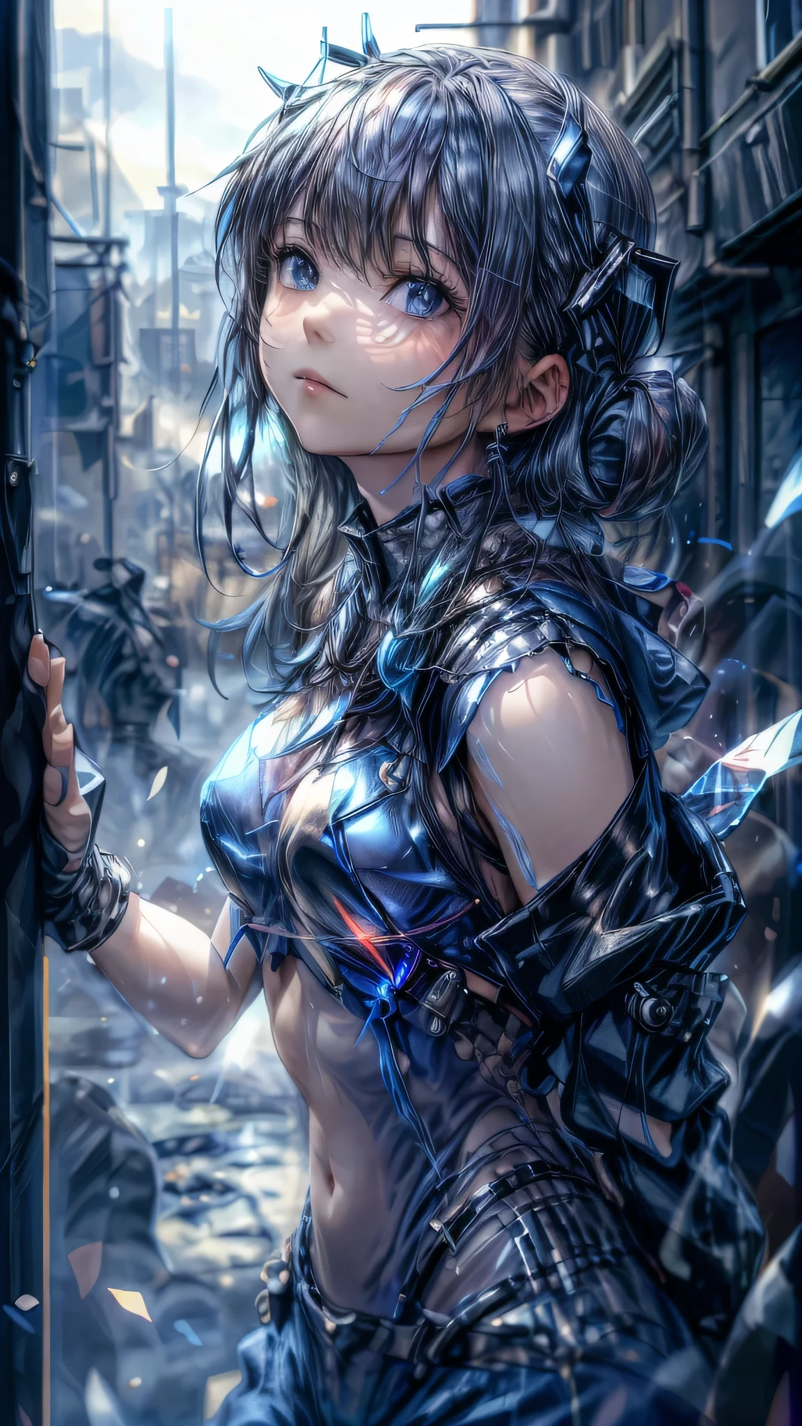 最high quality、best image quality、masterpiece、girl((20-year-old、 By becoming、vest bust、medium bust,wide open breast tea、shining eyes, light blue hair、long hair、thin,highest valley、ponytail、action of looking up、full body bandage、purple and black hoodie、berry shorts)),high quality、beautiful art、background((cyberpunk city))、Flight、debris flies、Depth of written boundary、movie、visual art、perfect art、8k,genuine、