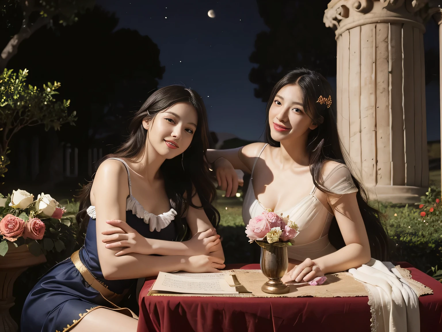 Giorgione painting style,Arguments of two female Philosophe,math、astronomical machine、astronaut、roses in vase、fruits、Cute trinkets、smile、ancient greek costume、Background is a forest lake at night 、Clothes that stretch your shoulders、A big smile、beautiful bare skin、A detailed representation of the seducing woman throughout her body.full body portrait, Ancient Roman ruins, Poussin-style landscape at night, A smile, , Sweet and seductive appearance.、Caravaggio's paintings、Chiaroscuro of Caravaggio、Hair disheveled in the wind, Two women frolicking, Cute smile, Expression of ecstasy, A sexy, Erotic Negat